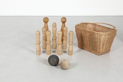 Dutch Mid-Century Wood Skittles & Bowling Set with Rattan Basket
