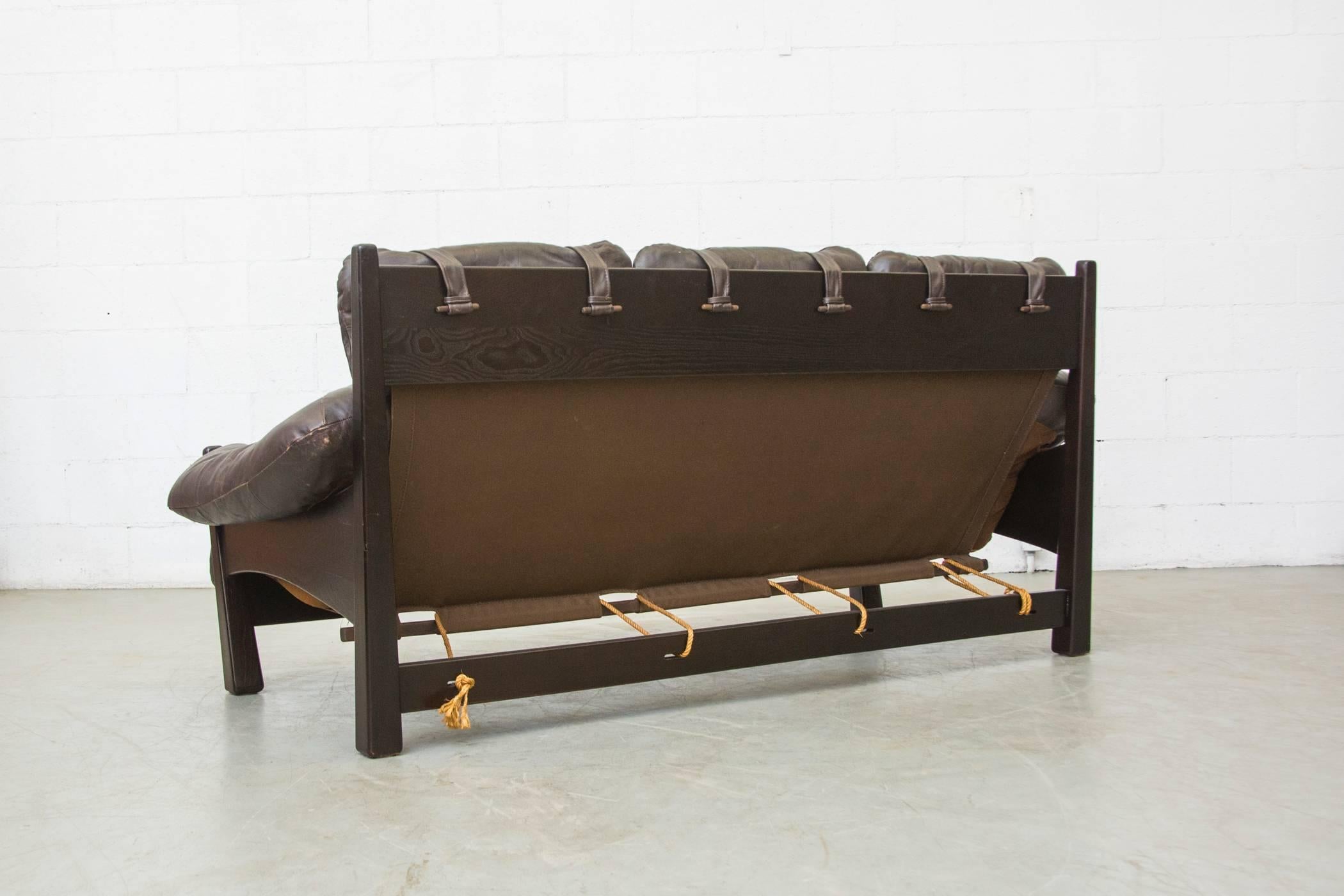 Stained Percival Lafer Style Three-Seat Leather Sofa by Gerard Van Den Berg