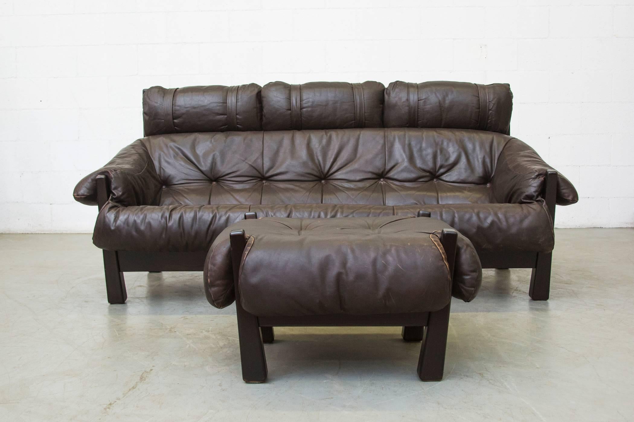 Mid-Century Modern Percival Lafer Style Three-Seat Leather Sofa by Gerard Van Den Berg