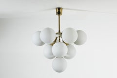 1960s Brass & Opaline Glass Globe Chandelier Attr. Kaiser Leuchten