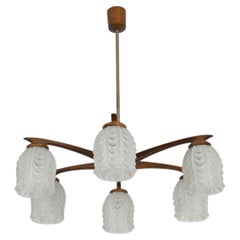 Mid-Century Teak Chandelier in the Style of Kristiansson for Luxus, Six Arms