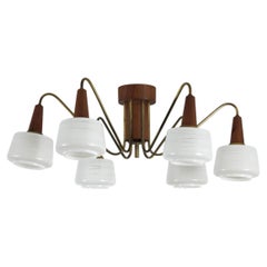Luminaire encastré à six bras en laiton et teck, attribué à Philips, datant des années 1950 (mi-siècle néerlandais)
