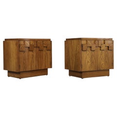 Lane Staccato Brutalist Block Front Side Cabinets, Pair