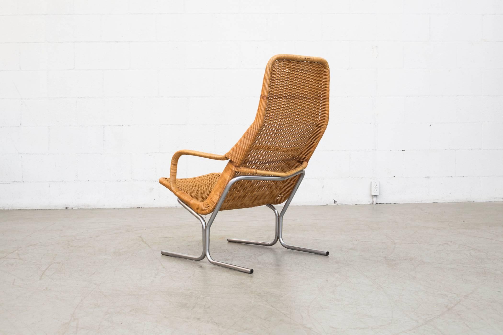 Dutch Dirk Van Sliedrecht Rattan Lounge Chair with Chrome Sled Leg