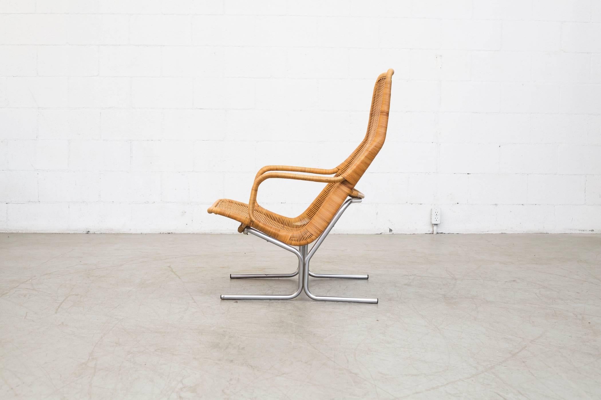 Mid-Century Modern Dirk Van Sliedrecht Rattan Lounge Chair with Chrome Sled Leg