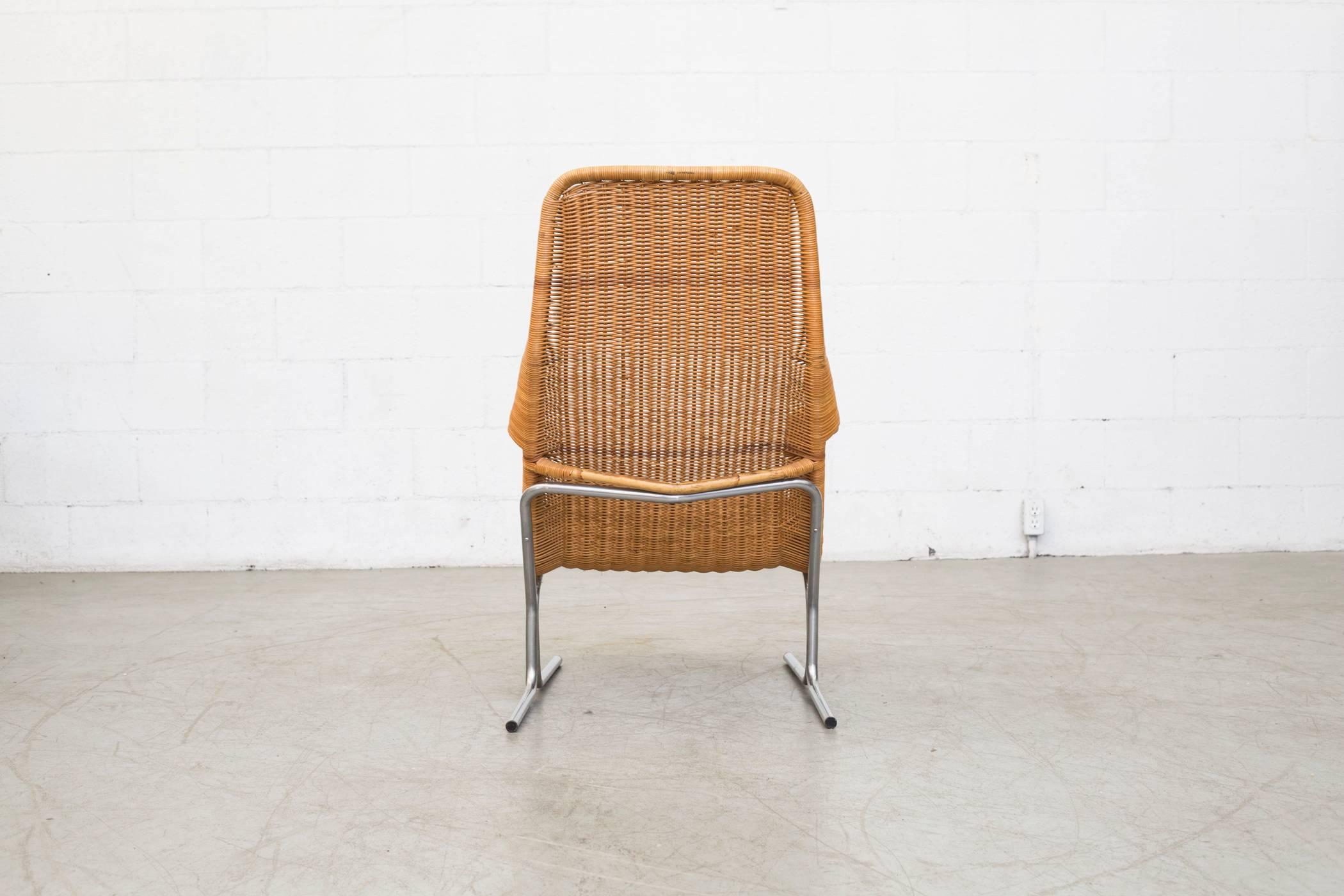 Dirk Van Sliedrecht Rattan Lounge Chair with Chrome Sled Leg In Good Condition In Los Angeles, CA