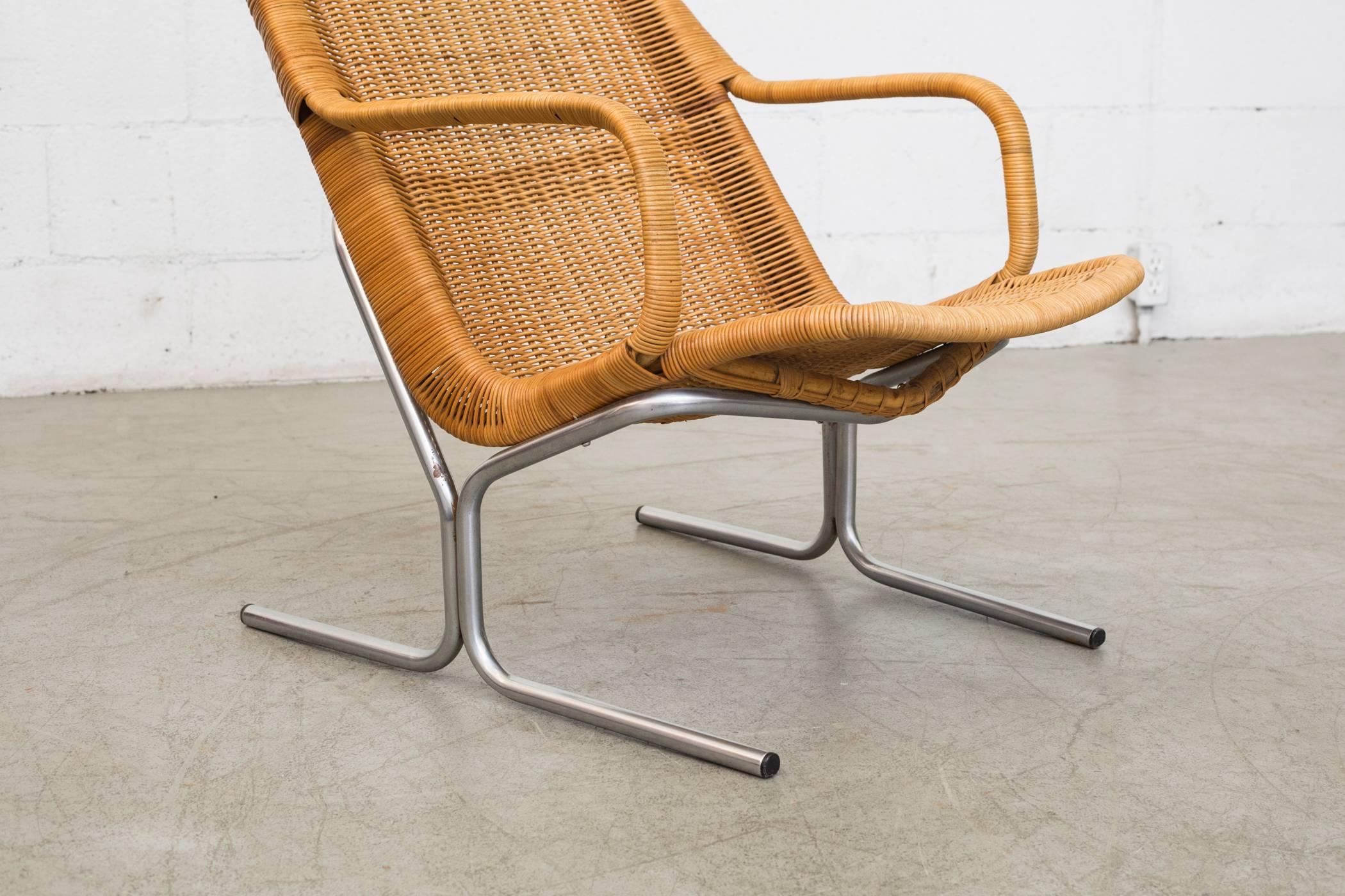 Dirk Van Sliedrecht Rattan Lounge Chair with Chrome Sled Leg 1