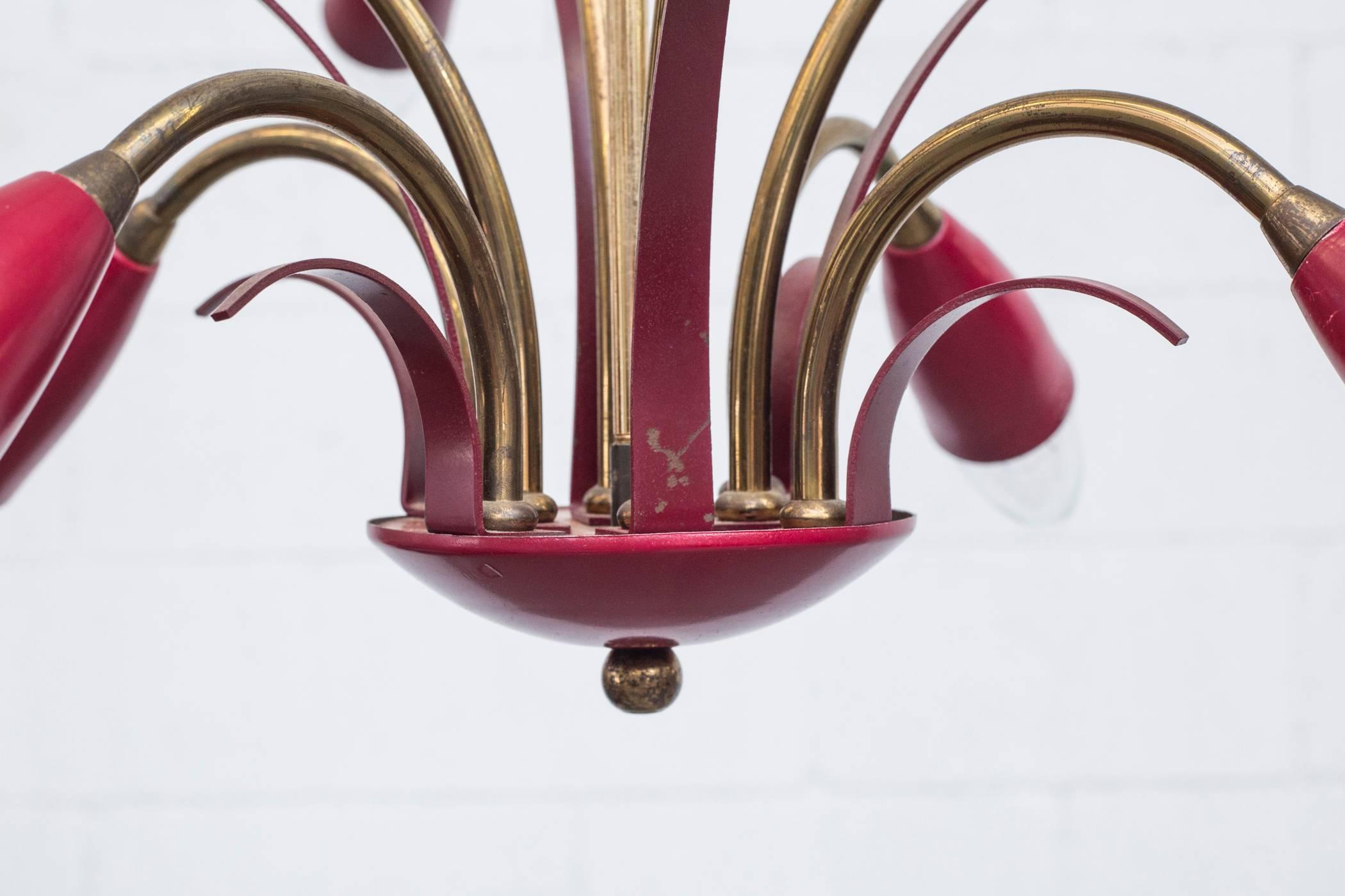Mid-20th Century Arredoluce Style Multi-Arm Chandelier in Brass and Brick Red