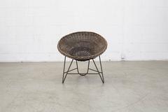 Jacques Adnet Style Natural Woven Rattan Basket Chair With Black Wire Base