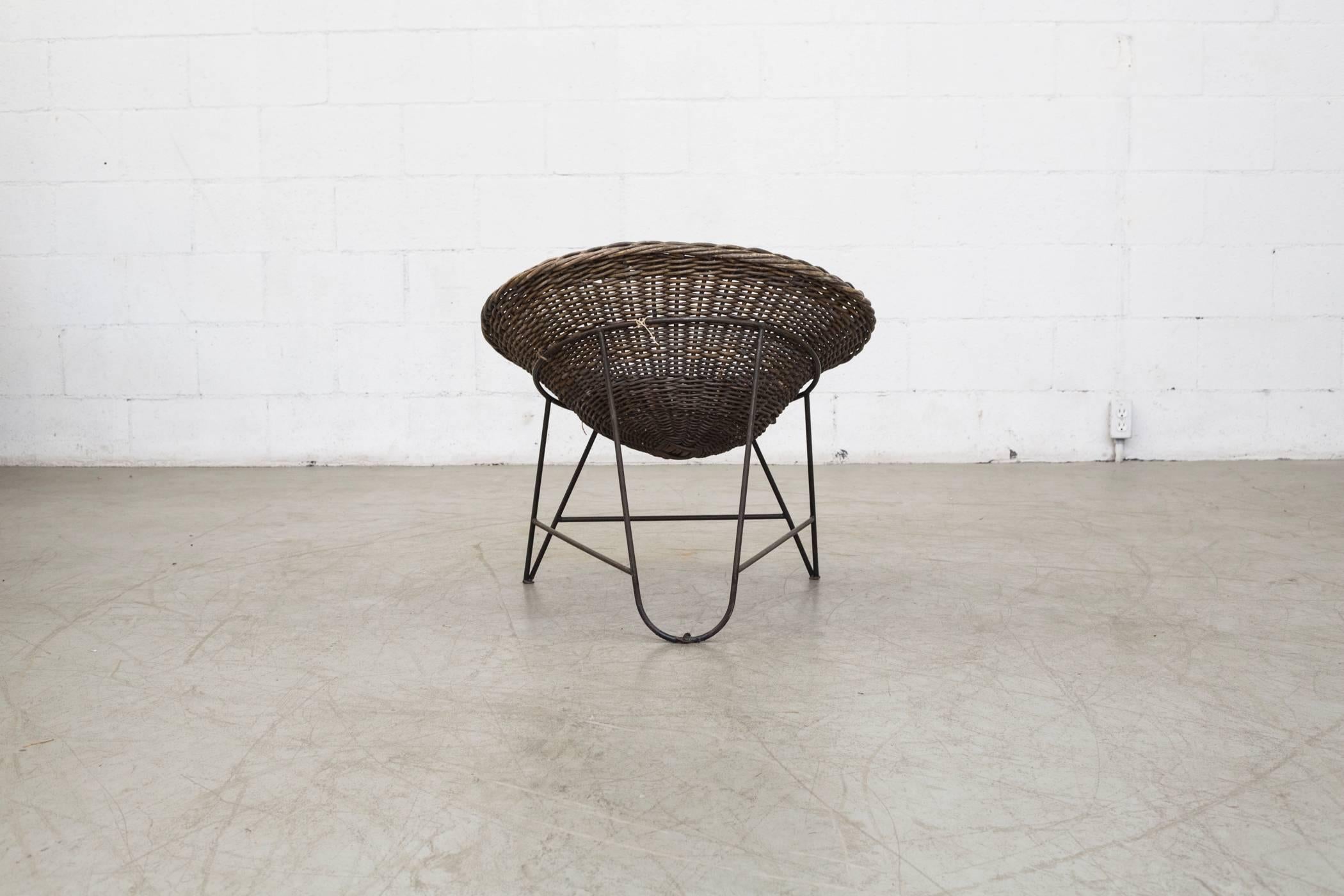 Mid-Century Modern Jacques Adnet Style Natural Woven Rattan Basket Chair With Black Wire Base For Sale