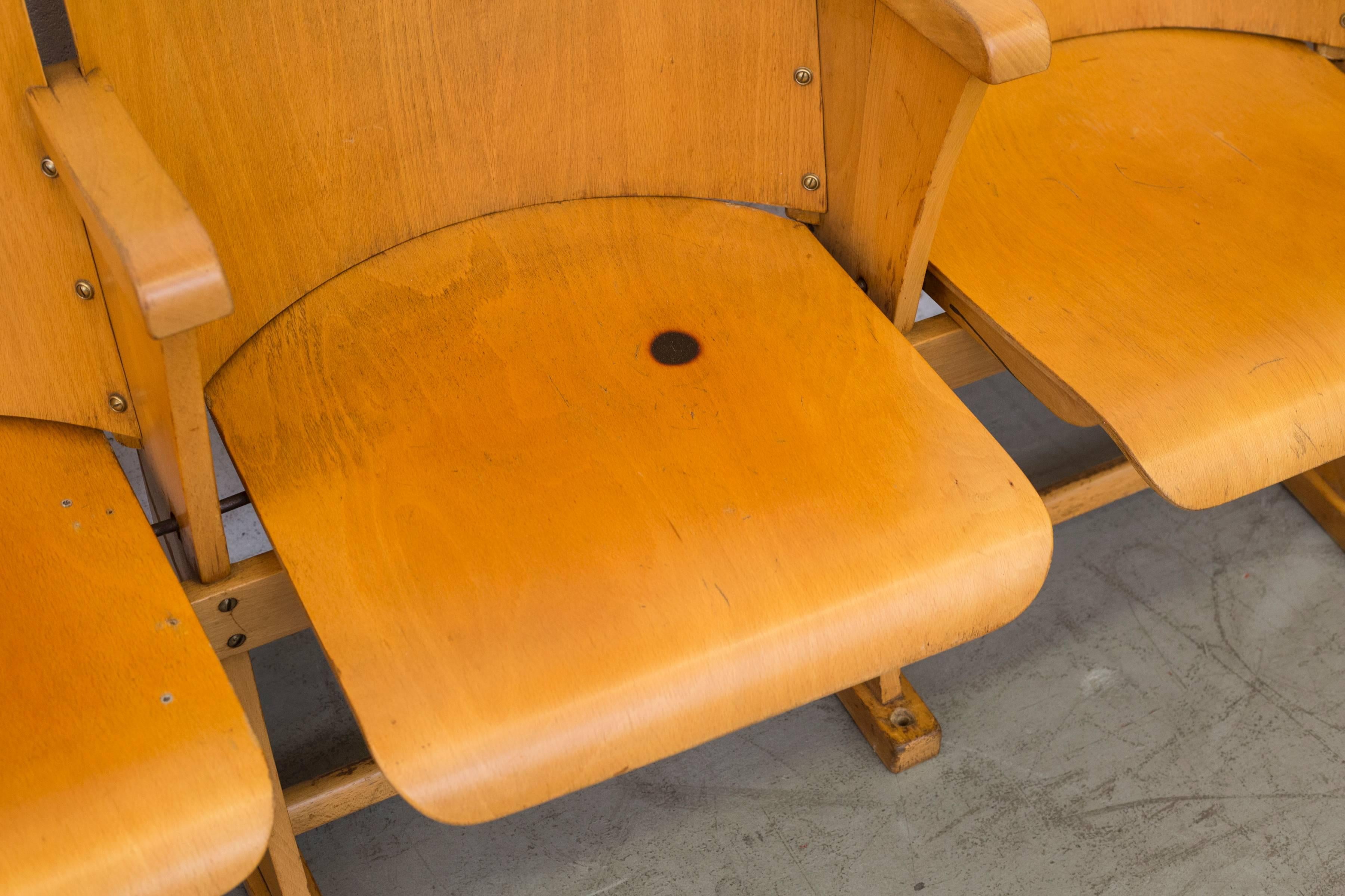Mid-Century Modern Row of Birch Numbered Theatre Seats