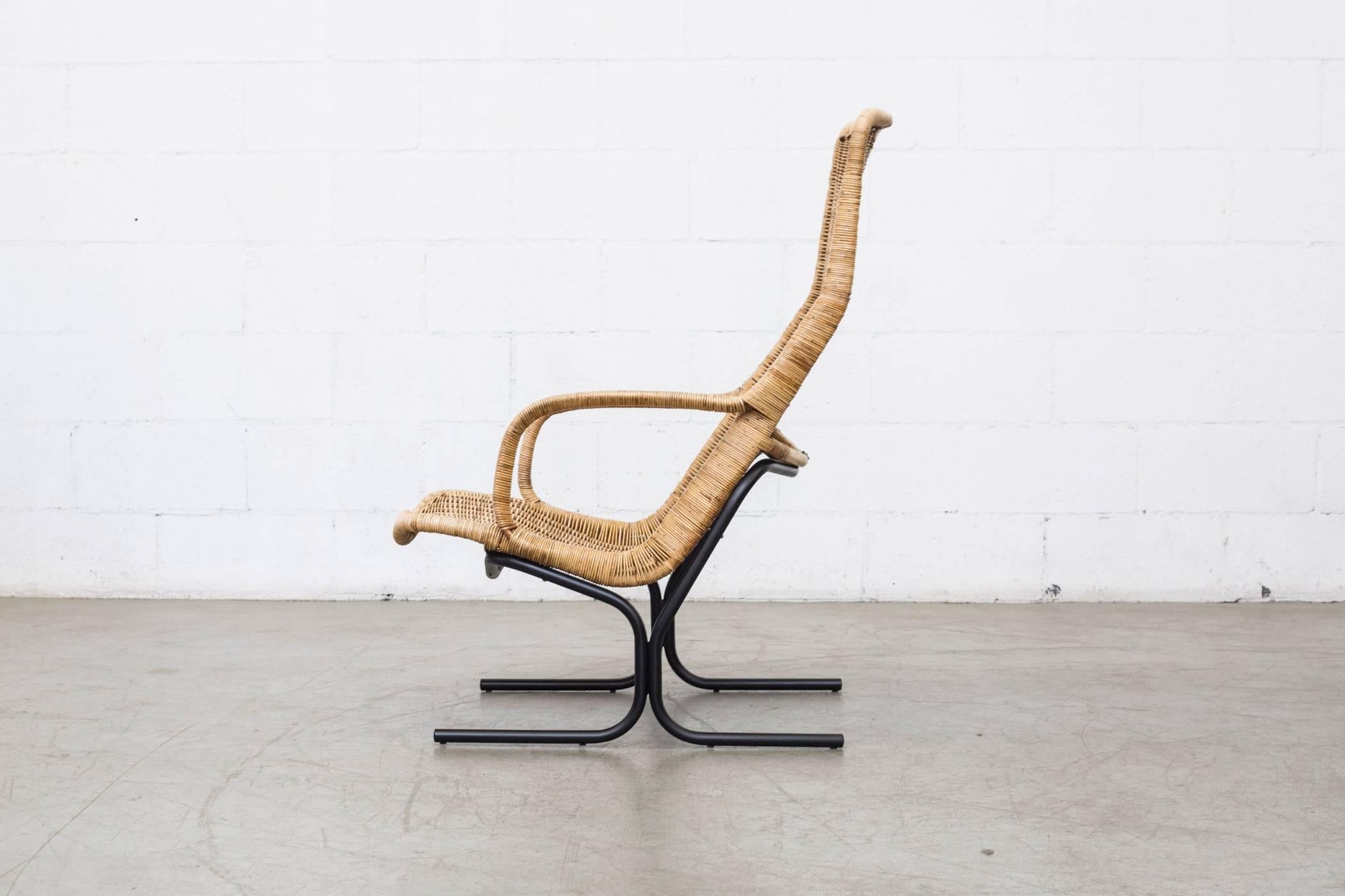 Mid-Century Modern Dirk Van Sliedrecht Style High Back Woven Rattan Lounge Chair