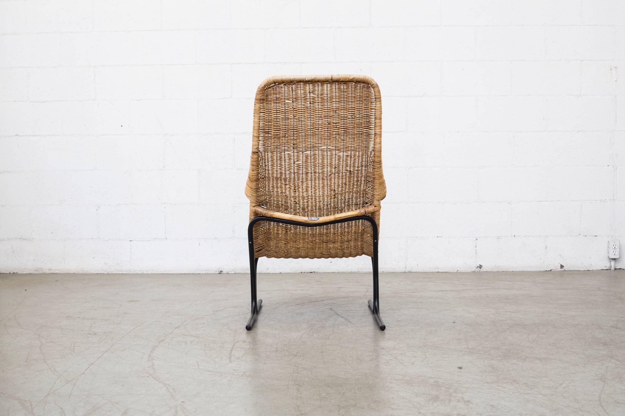 Dutch Dirk Van Sliedrecht Style High Back Woven Rattan Lounge Chair