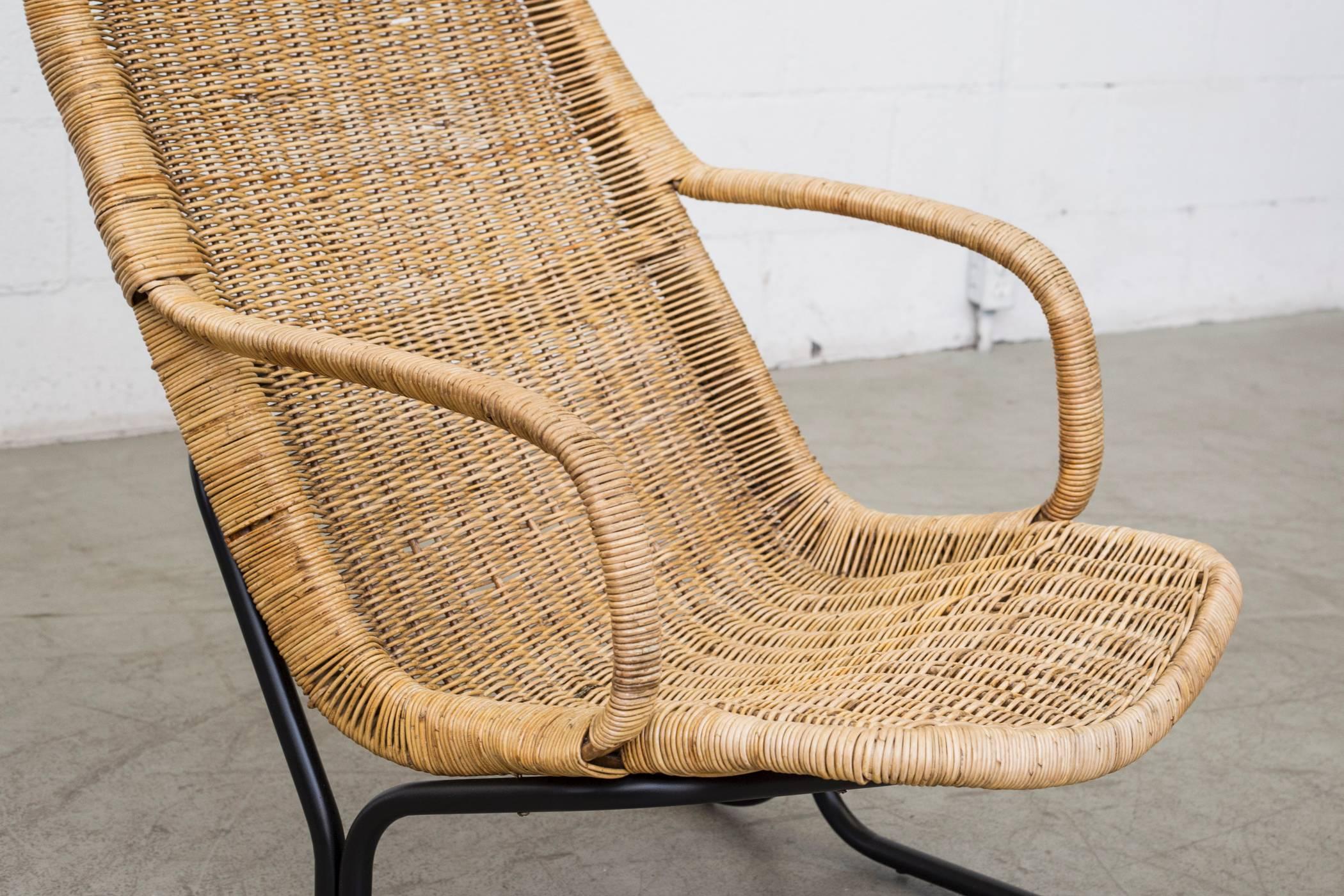 Mid-20th Century Dirk Van Sliedrecht Style High Back Woven Rattan Lounge Chair