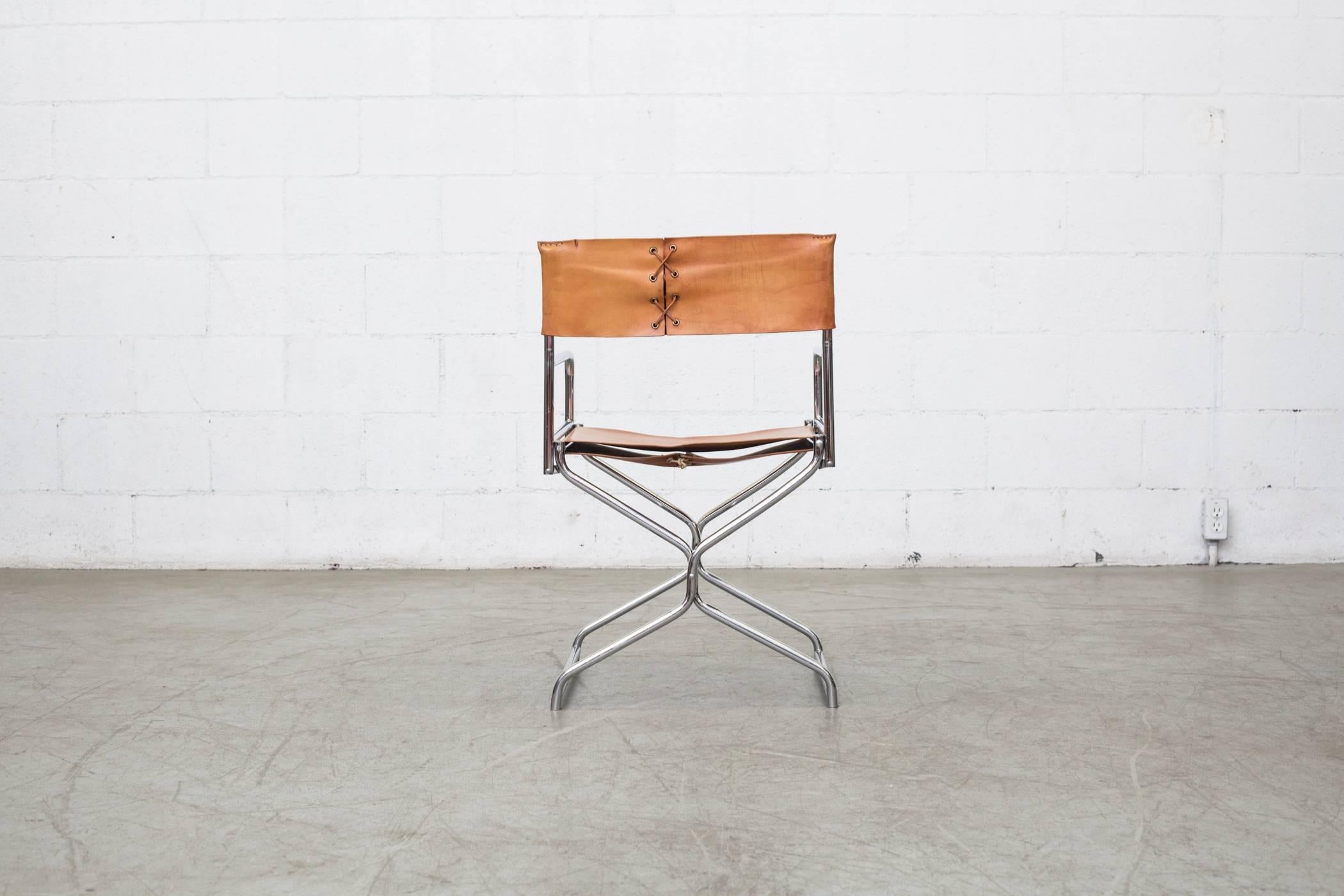 Mid-Century Modern Set of Four Chrome and Leather Folding Directors Chairs