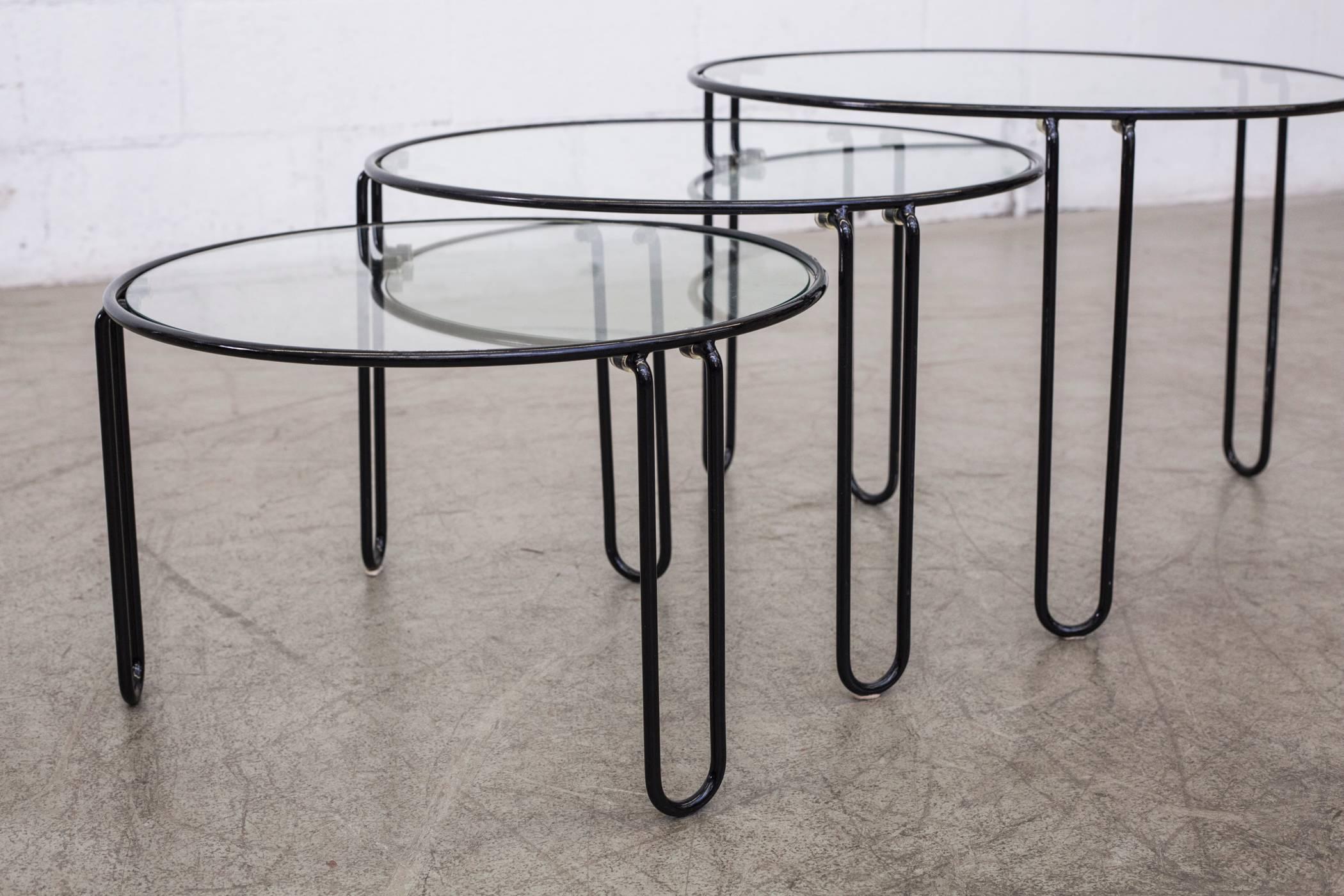 Late 20th Century Set of Three Round Wire Modernist Nesting Tables with Inset Glass