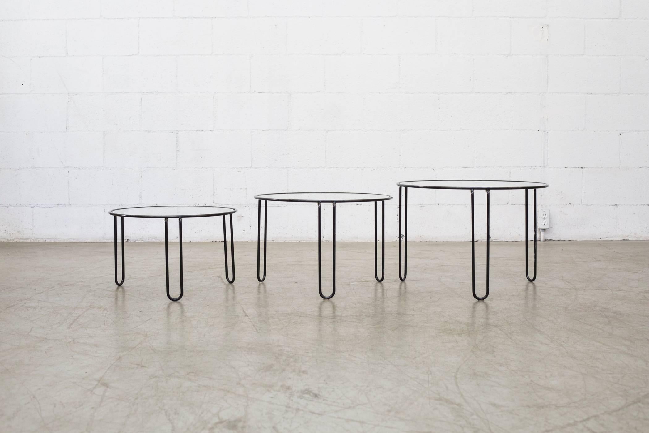 Mid-Century Modern Set of Three Round Wire Modernist Nesting Tables with Inset Glass