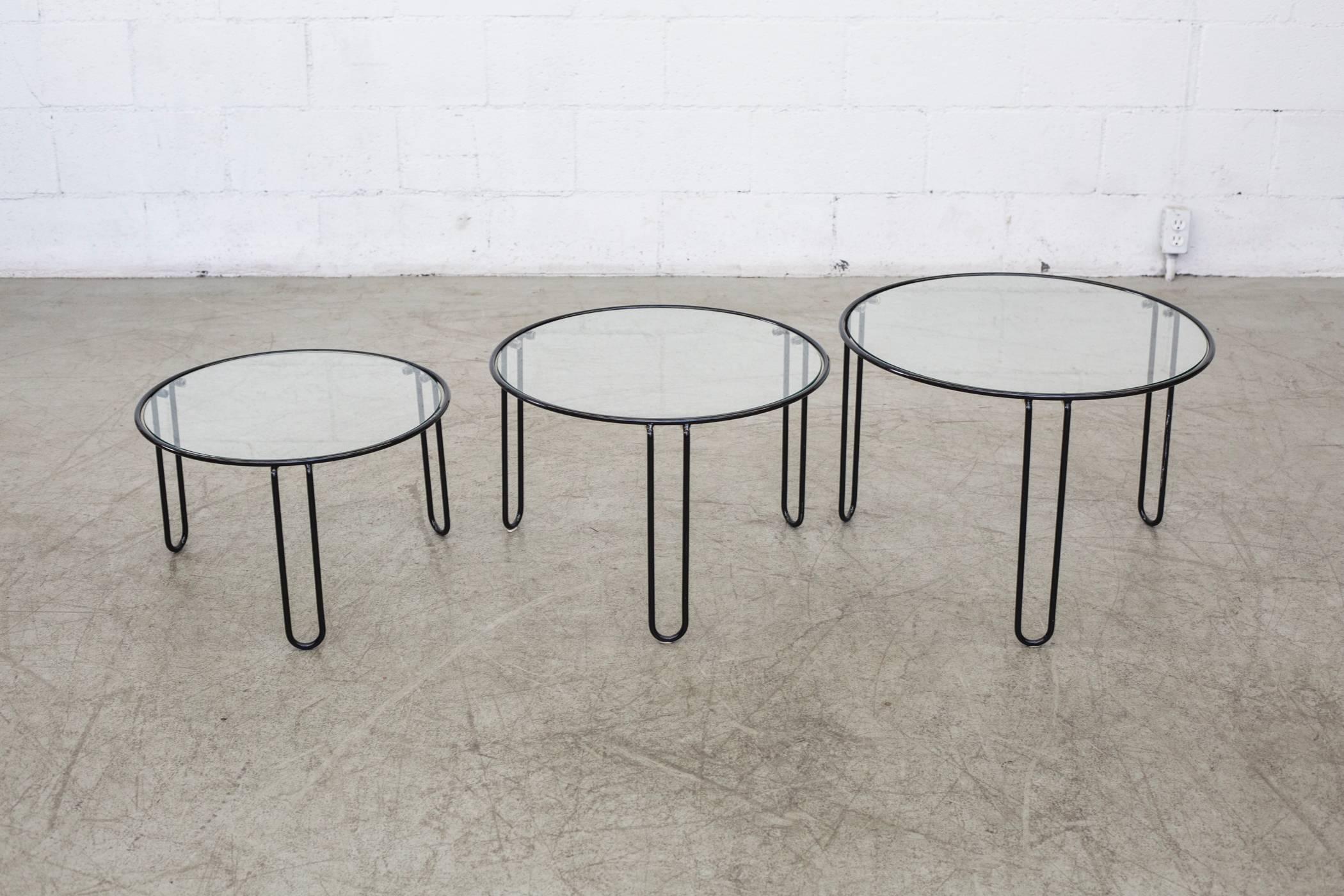Italian Set of Three Round Wire Modernist Nesting Tables with Inset Glass