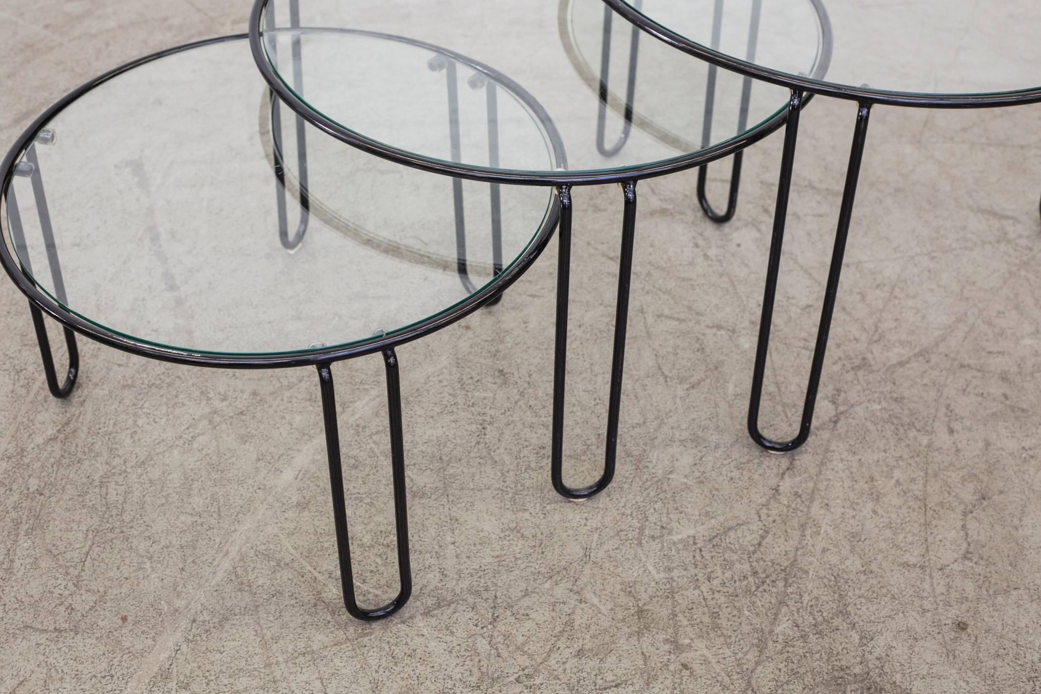 Set of Three Round Wire Modernist Nesting Tables with Inset Glass 1