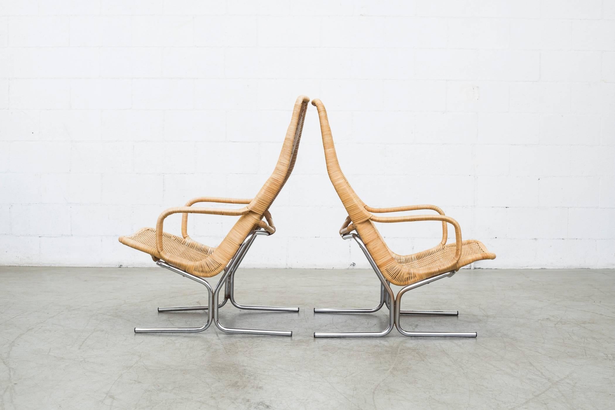 Pair of Dirk Van Sliedrecht Rattan Lounge Chairs with Chrome Sled Frame In Good Condition In Los Angeles, CA