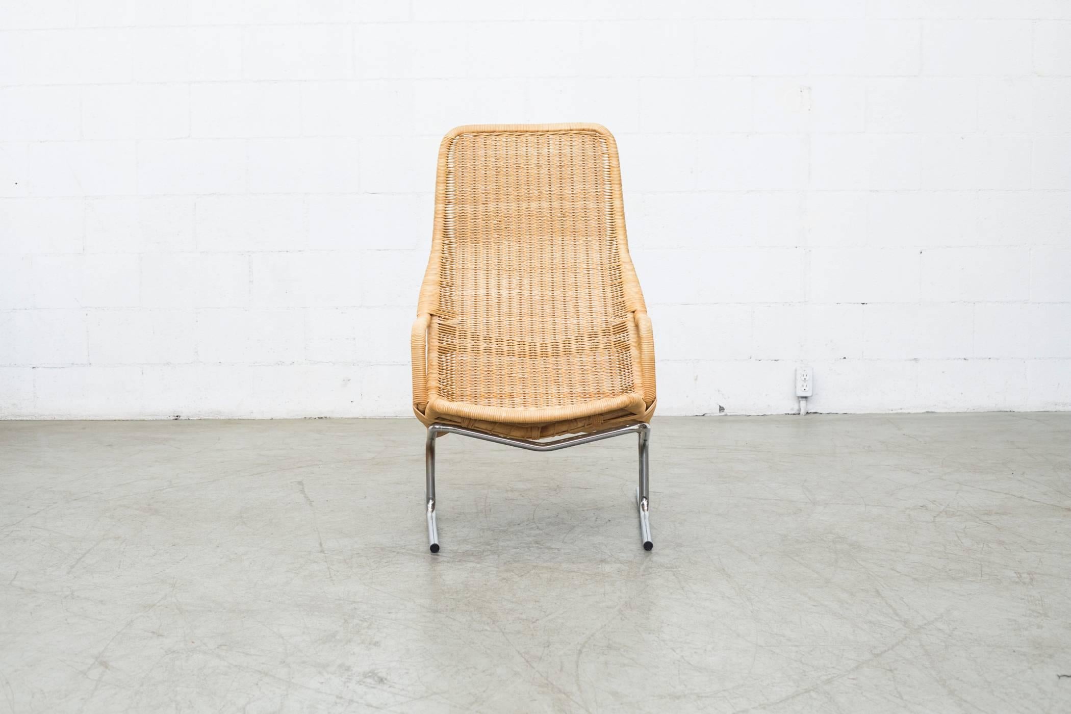 Mid-Century Modern Pair of Dirk Van Sliedrecht Rattan Lounge Chairs with Chrome Sled Frame