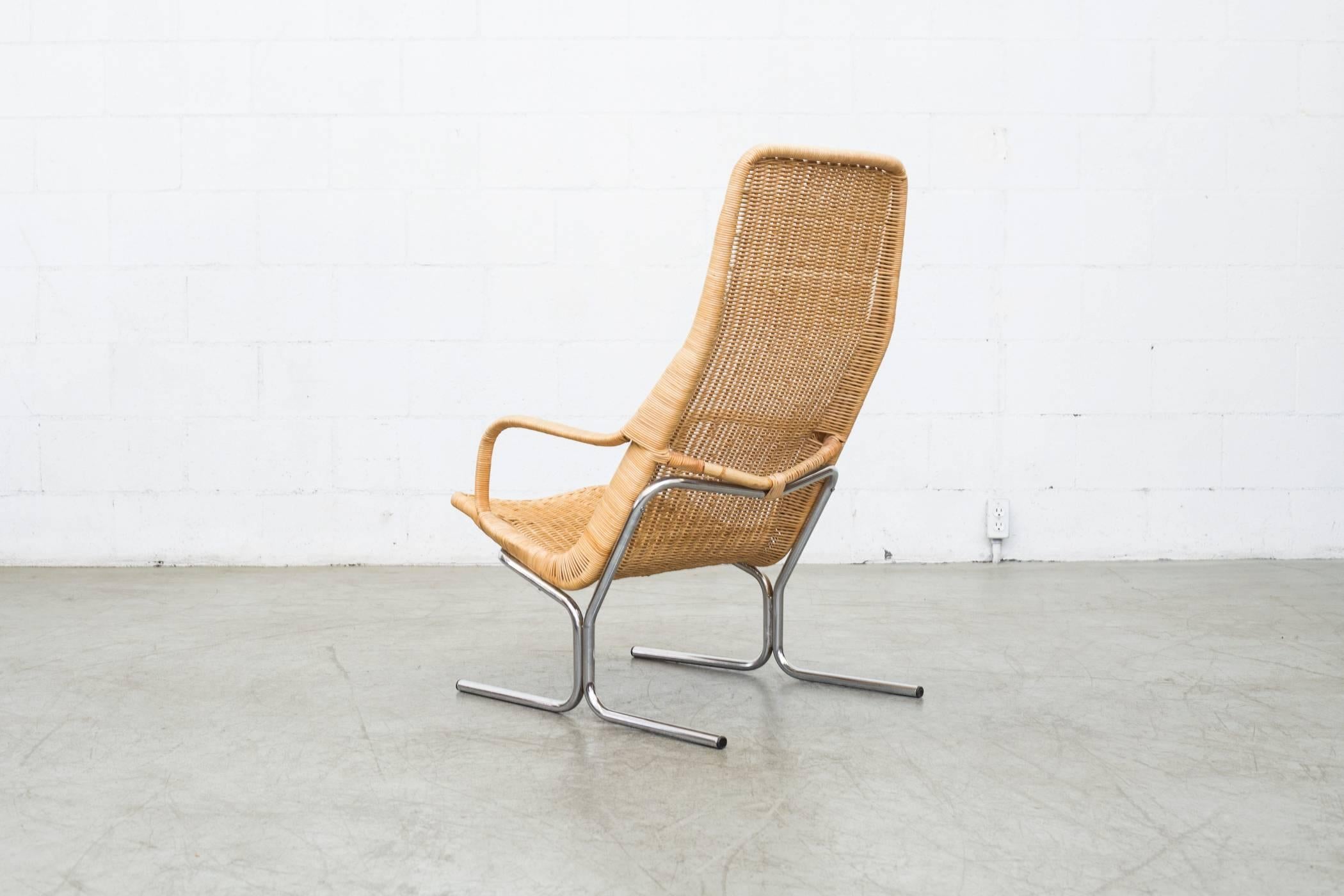 Woven Pair of Dirk Van Sliedrecht Rattan Lounge Chairs with Chrome Sled Frame