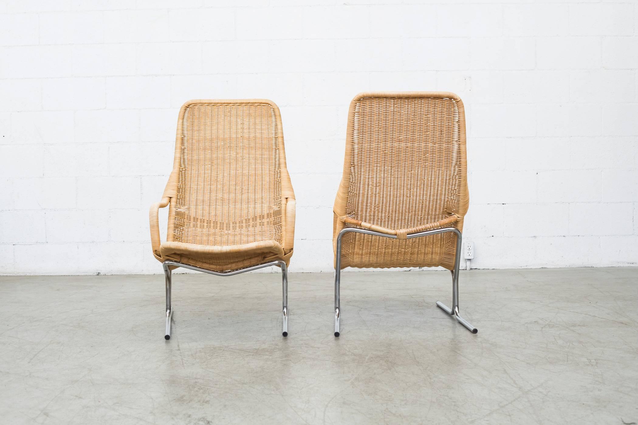 Mid-20th Century Pair of Dirk Van Sliedrecht Rattan Lounge Chairs with Chrome Sled Frame