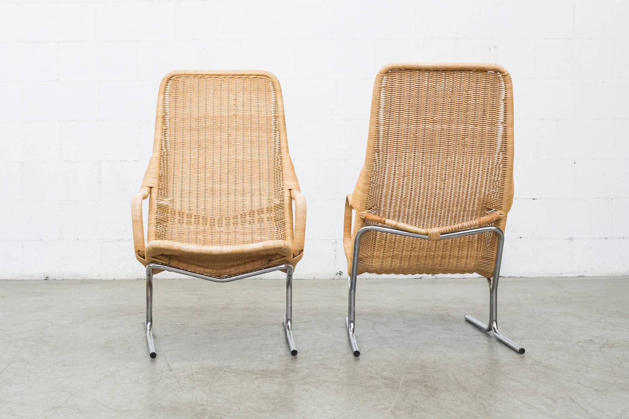 Pair of Dirk Van Sliedrecht Rattan Lounge Chairs with Chrome Sled Frame 2