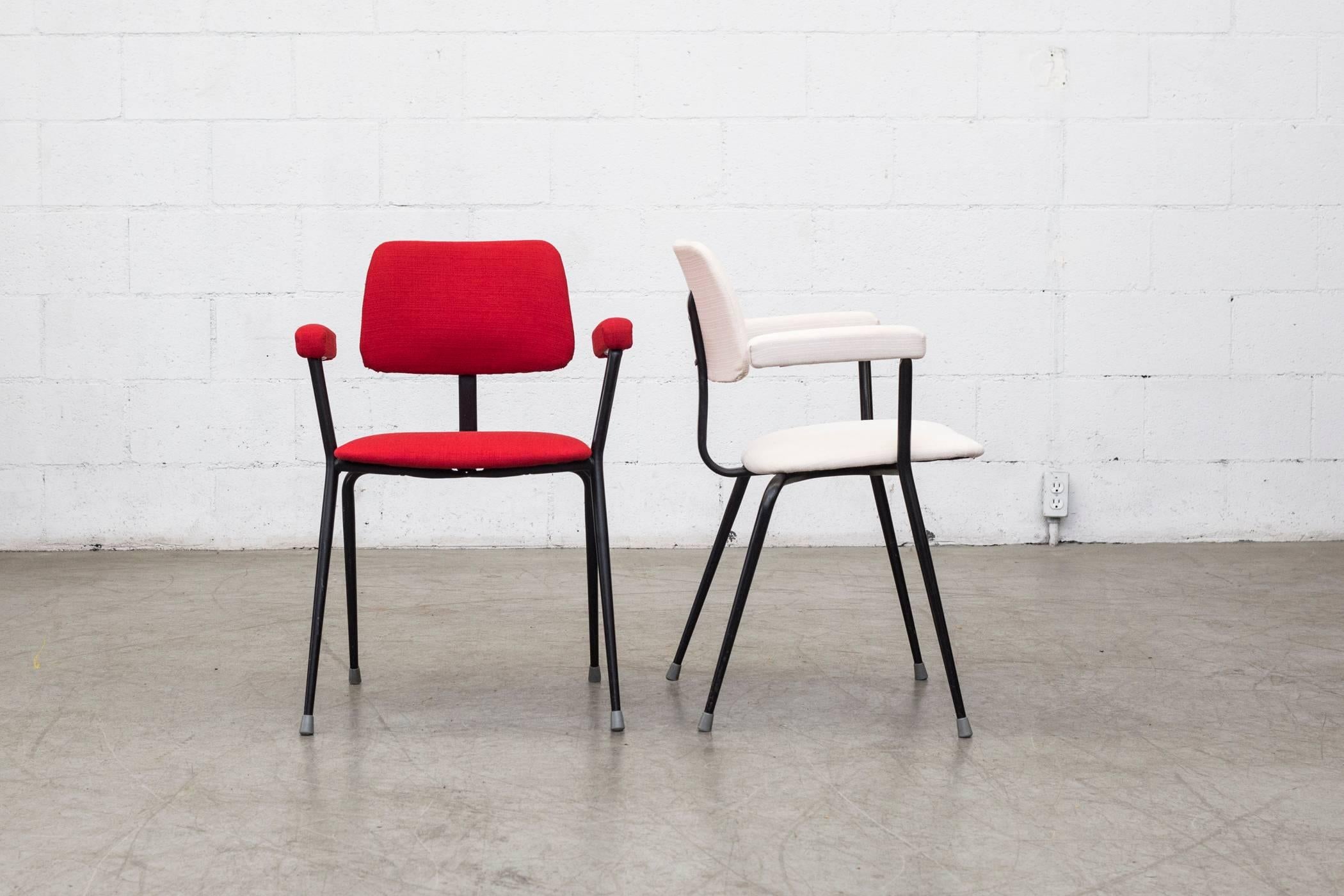 Amazingly gorgeous tubular stacking chairs with newly upholstered seat, back and arm rests. Frames in Original Condition with Visible Wear. The Colors Choices available are; , White, Red, Purple and Charcoal