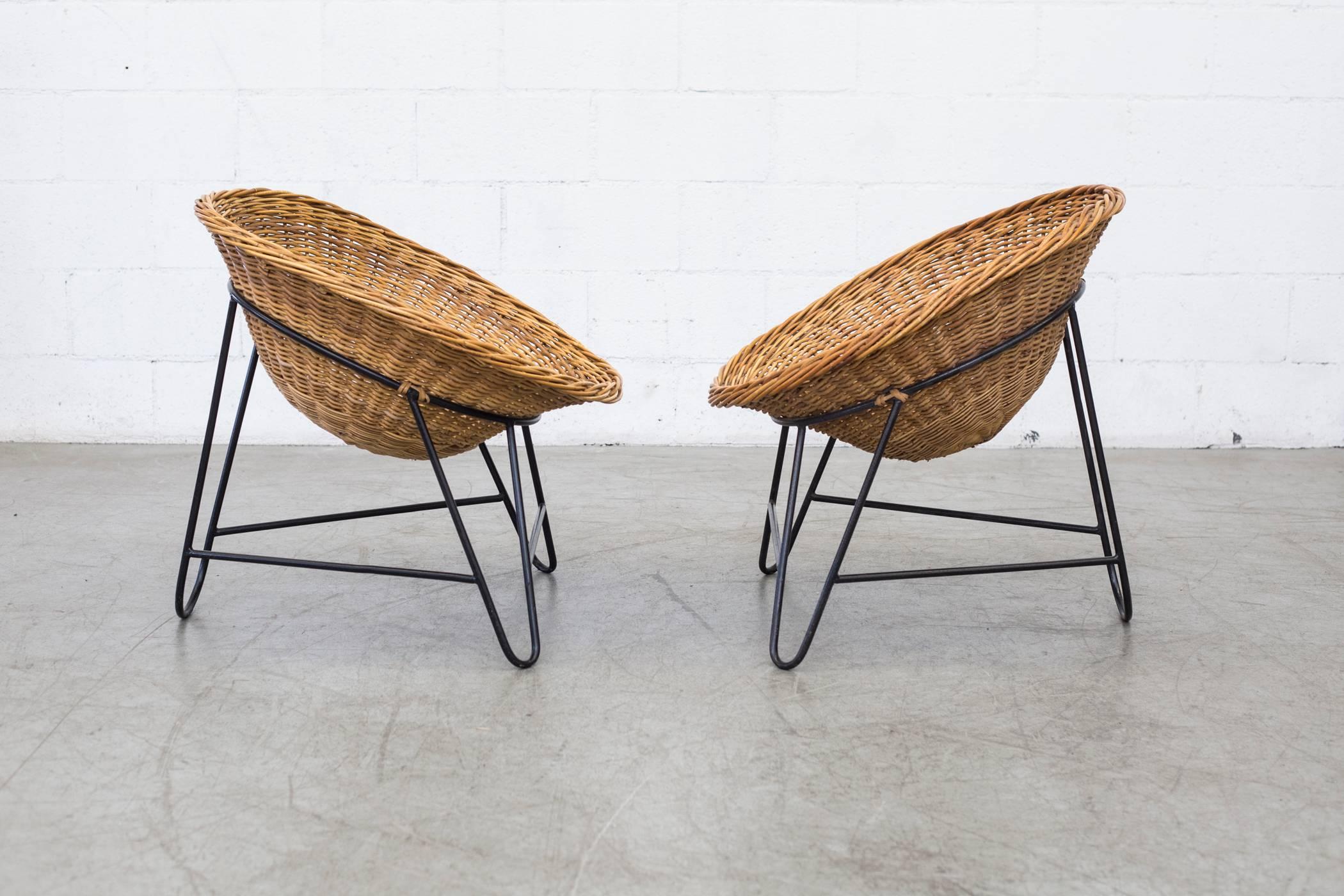 Mid-Century Modern Pair of Jacques Adnet Style Woven Basket Chairs