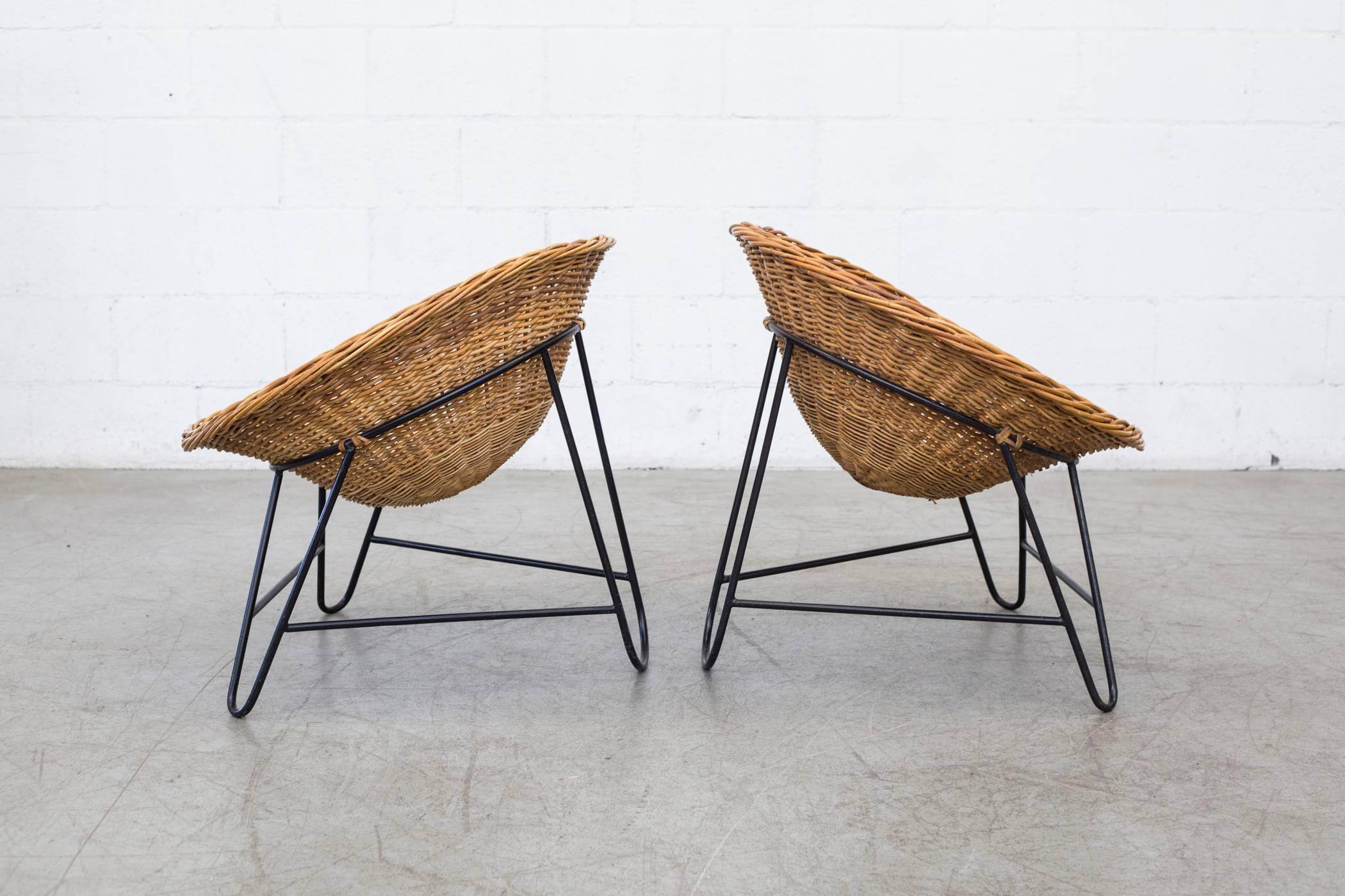 Dutch Pair of Jacques Adnet Style Woven Basket Chairs