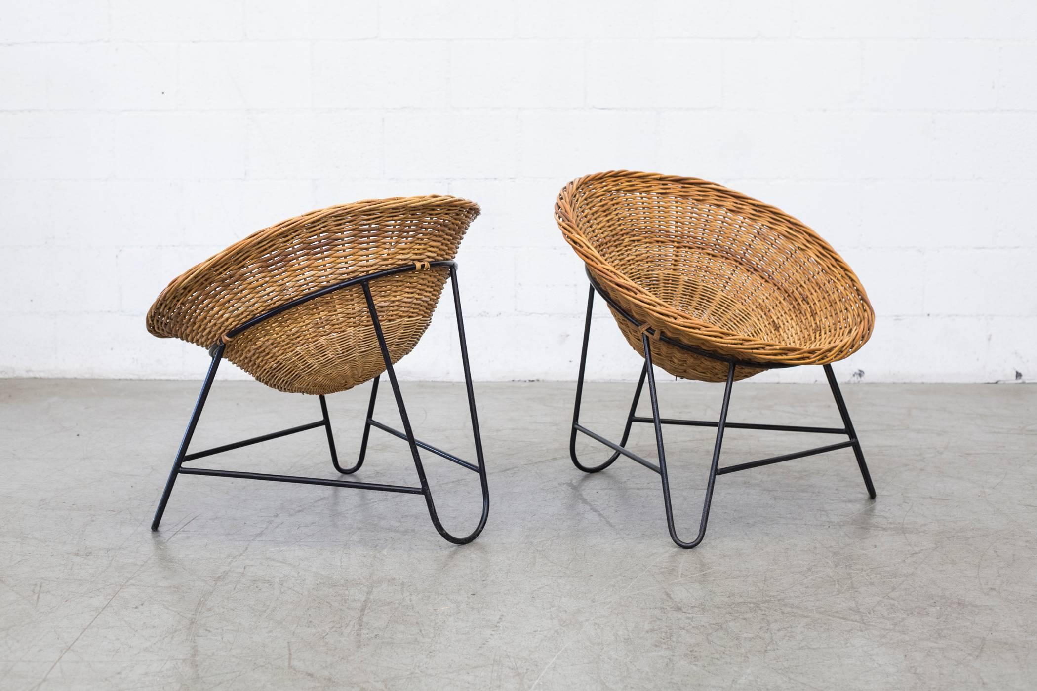 Enameled Pair of Jacques Adnet Style Woven Basket Chairs