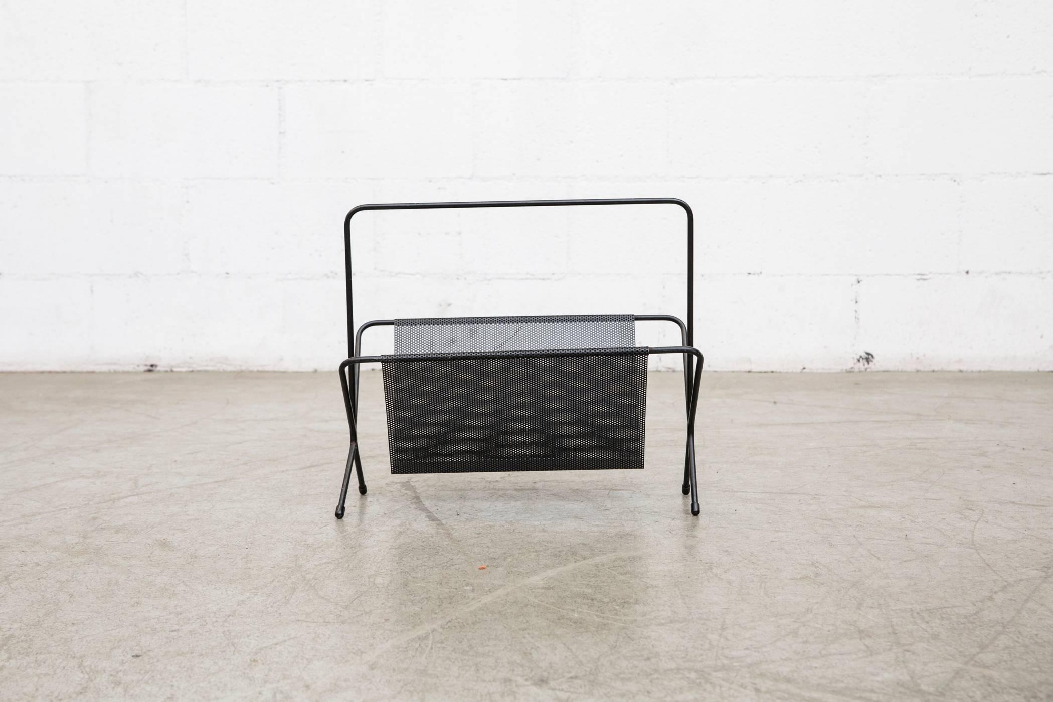 Pilastro attributed, wire framed magazine rack with black perforated metal. Visible wear, original condition.