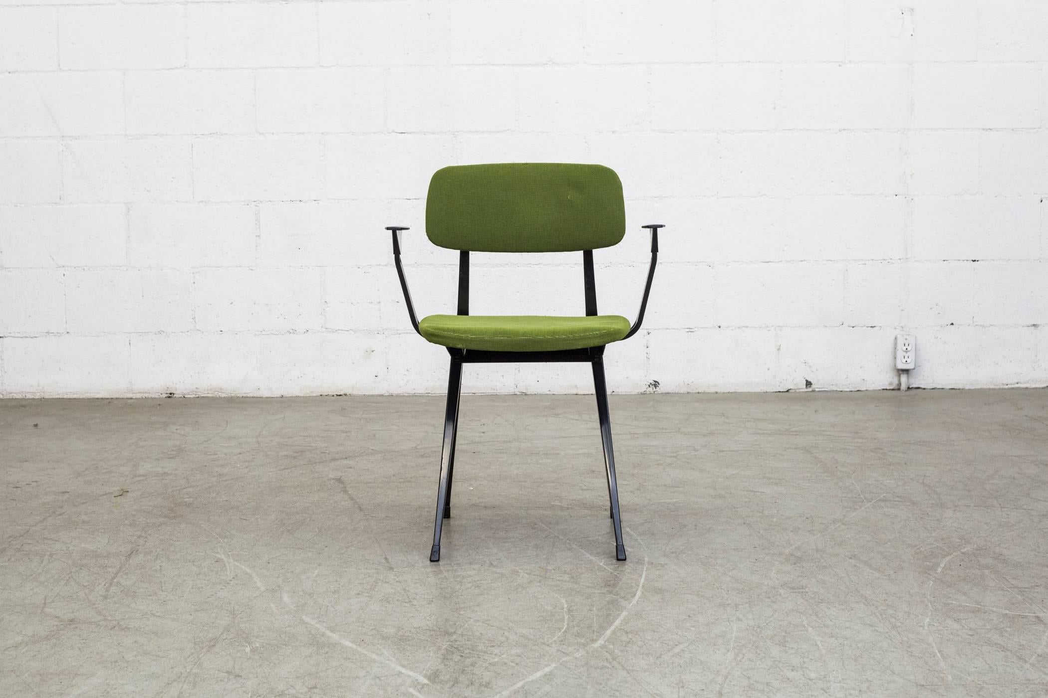 Original Friso Kramer result armchair with black enameled metal frames, Acrylic arm rests and original green upholstery. Set price.