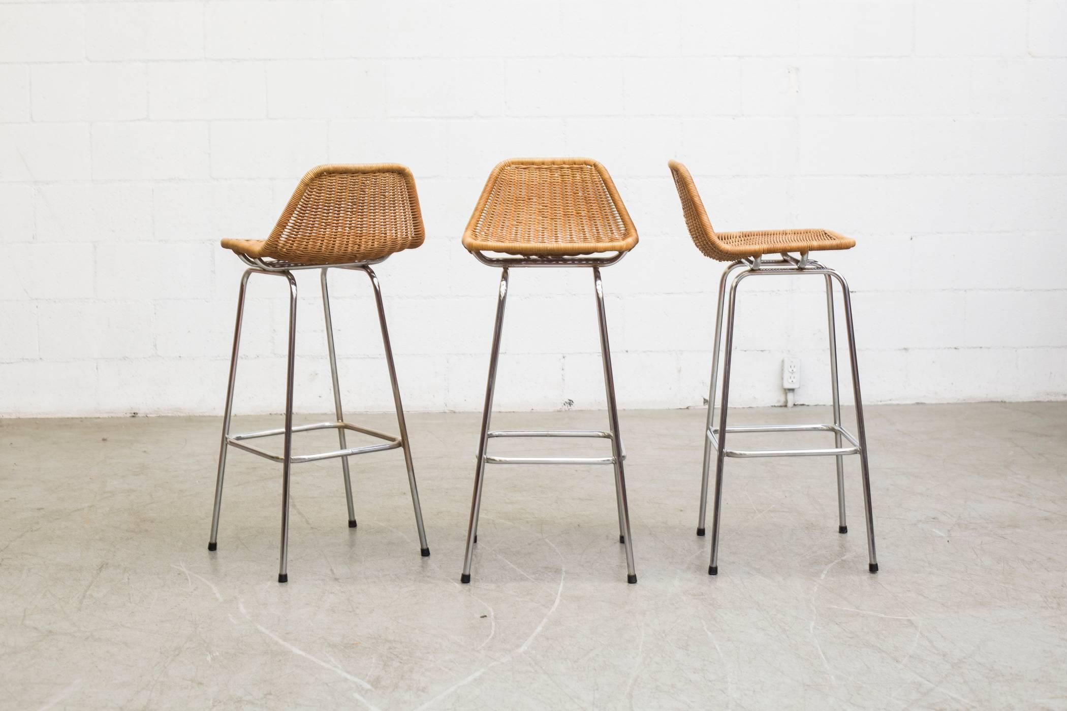Mid-Century Modern Set of Three Charlotte Perriand Style Rattan and Chrome Bar Stools