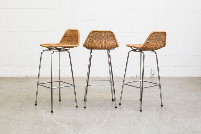 Set of Three Charlotte Perriand Style Rattan and Chrome Bar Stools at