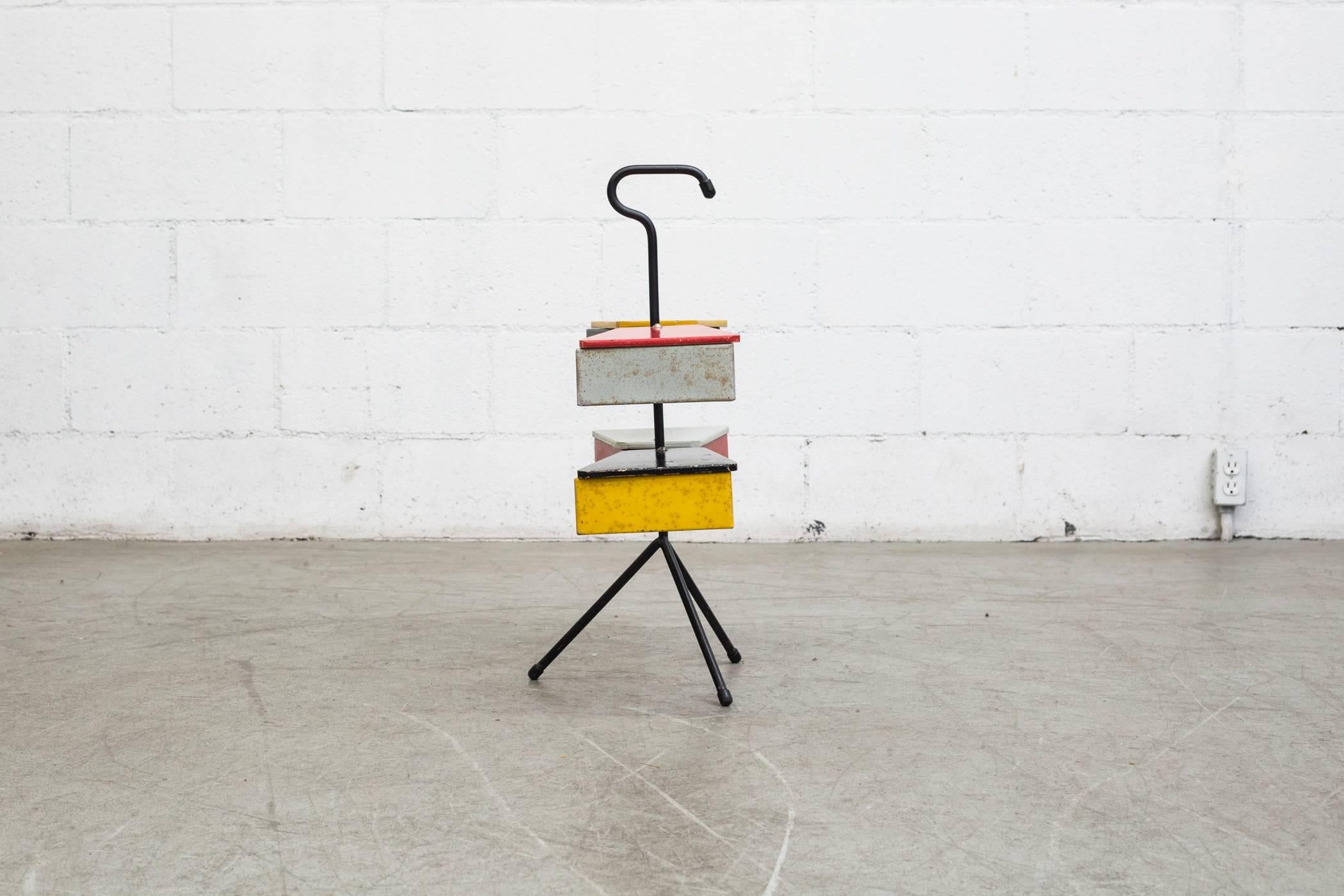 Colorful Rietveld style 1950s sewing stand by Joos Teders for Metalux, black metal tripod stand, with chrome accents and colored metal boxes with colored plywood lids. Boxes and lids swivel around the metal stand. in original condition, with visible