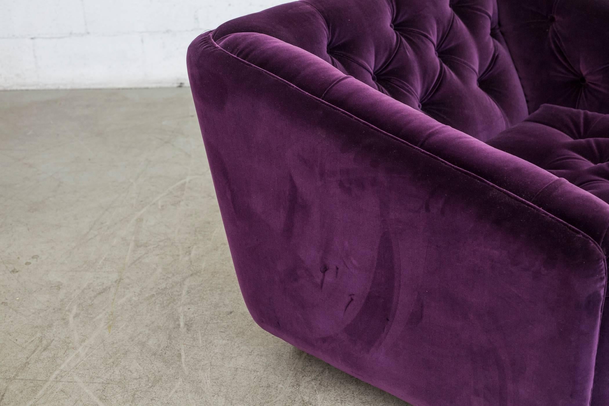 Dutch Artifort Purple Velvet Tufted Rolling Lounge Chair