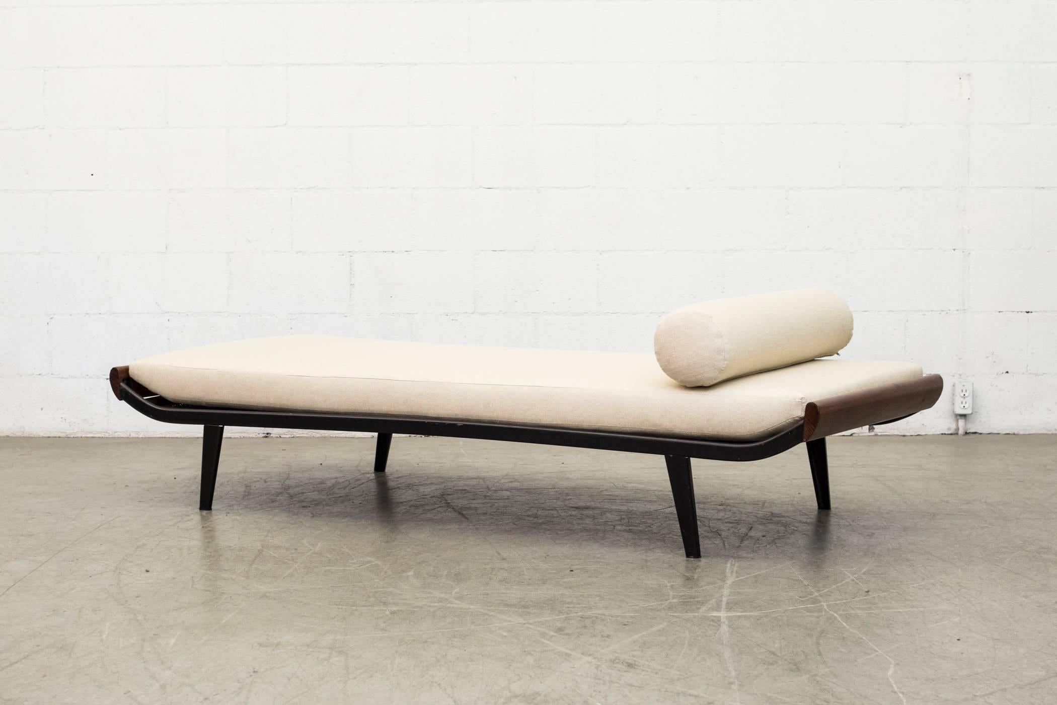 Cleopatra daybed by A.R. Cordemeier. Teakwood ends with enameled dark grey metal frame and 