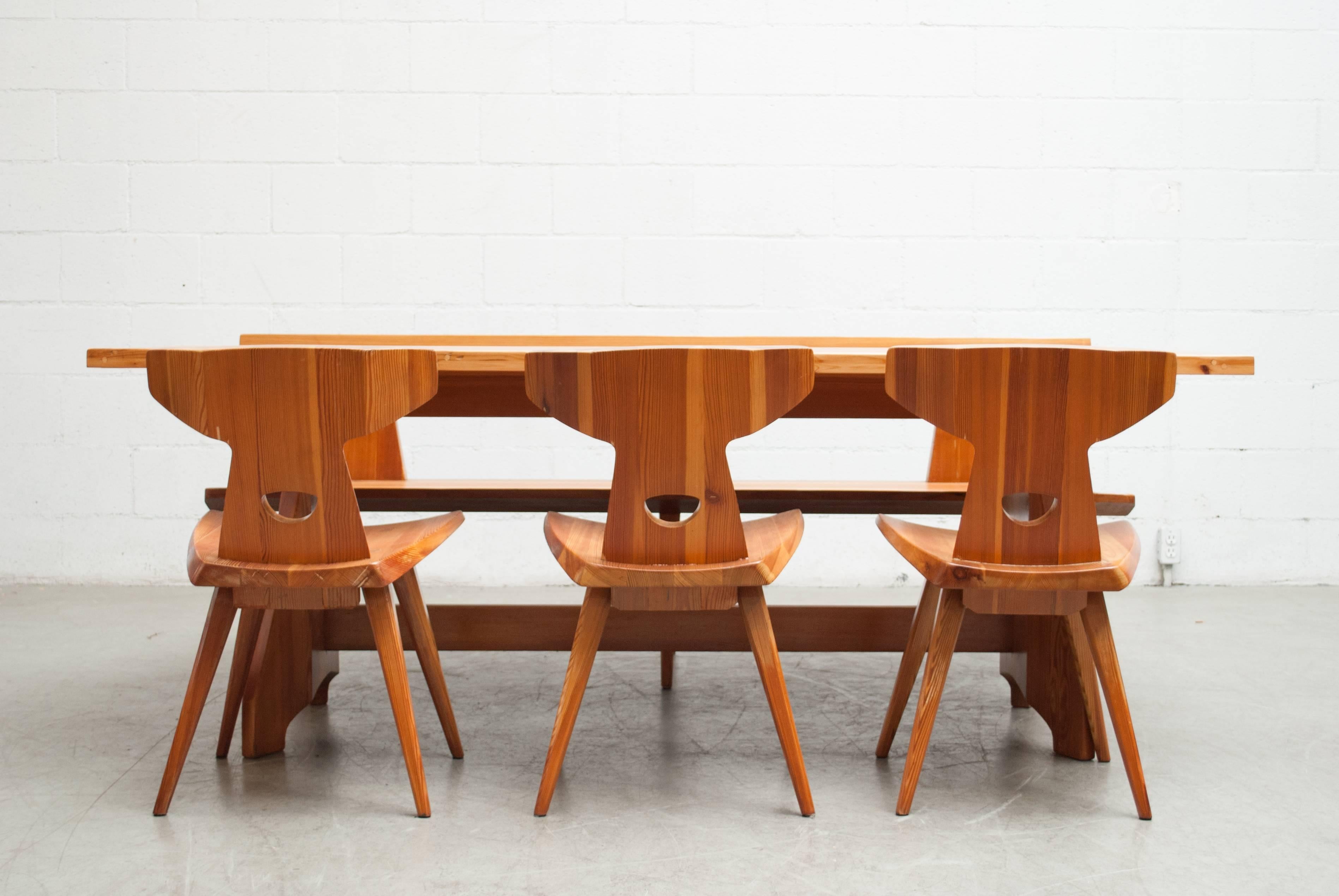 1960, amazing Danish solid pine dining set with long bench and three matching chairs. Kielland Brandt won the cabinet maker's guild prize that year. In good original condition with visible wear. Nice patina. Extra wide table most likely modified or