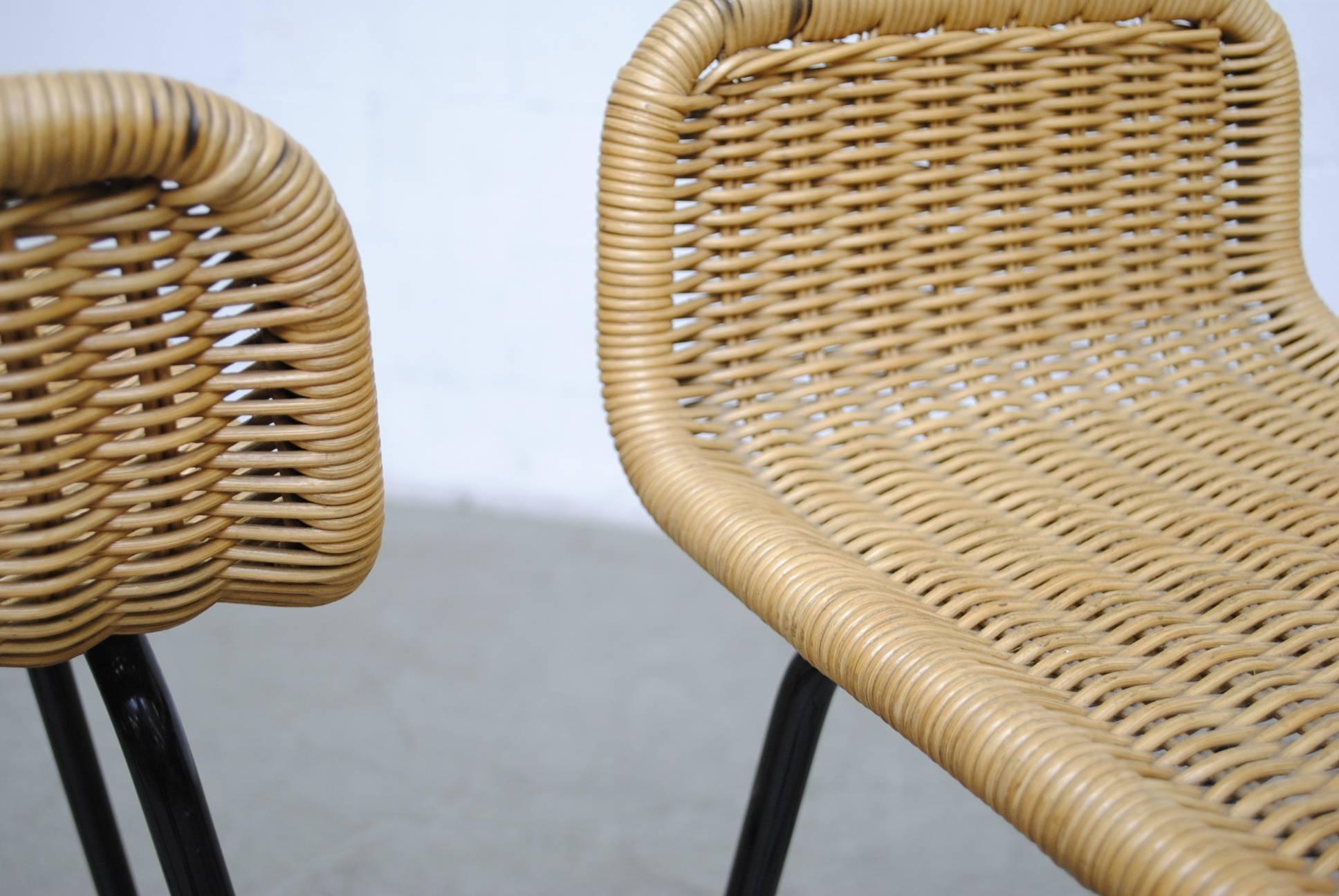 Dutch Pair of Charlotte Perriand Style Wicker Bar Stools