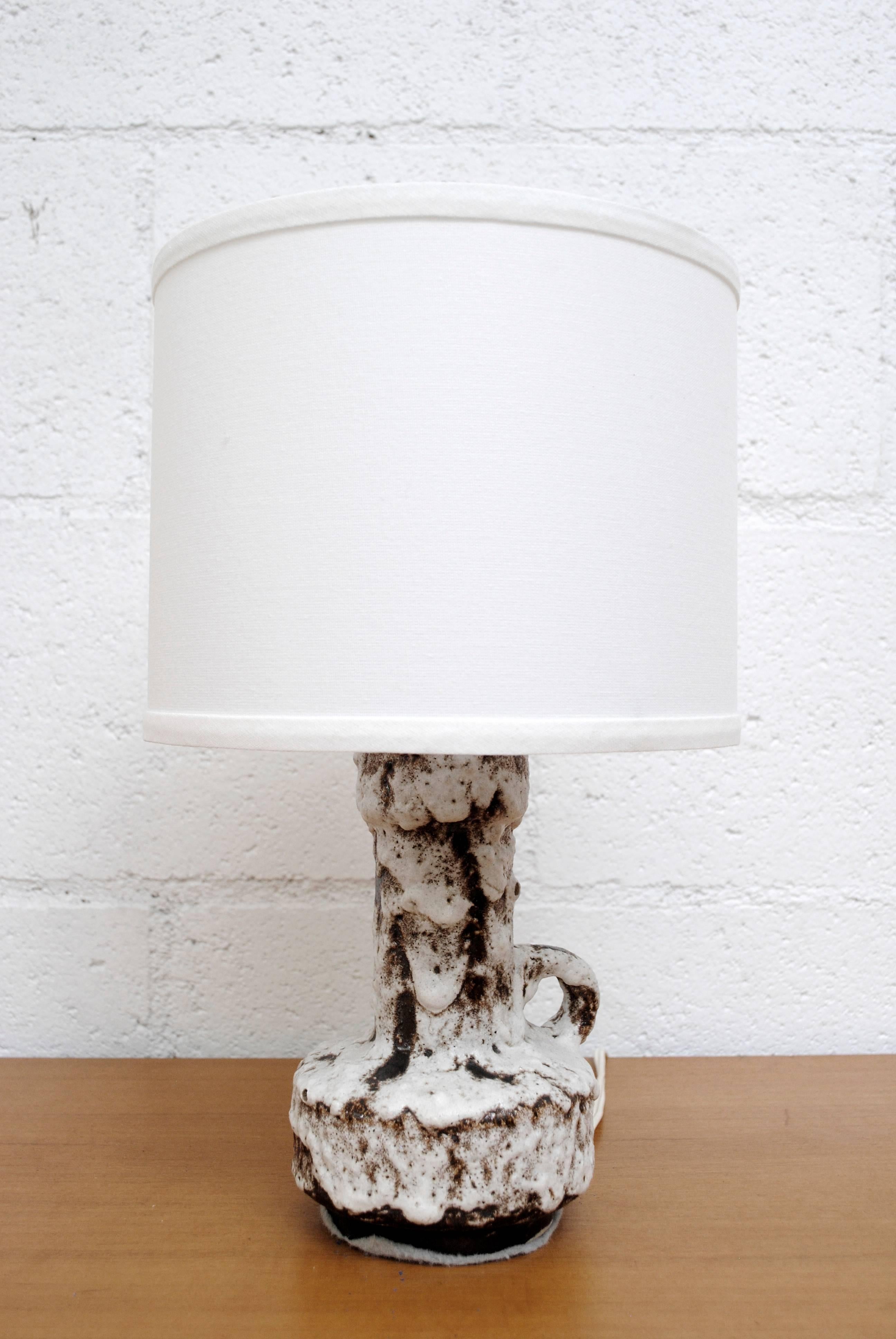 Gorgeous 1970s W. German table lamp with lava cappuccino glaze and new white linen shade (8.25 x 6.325).