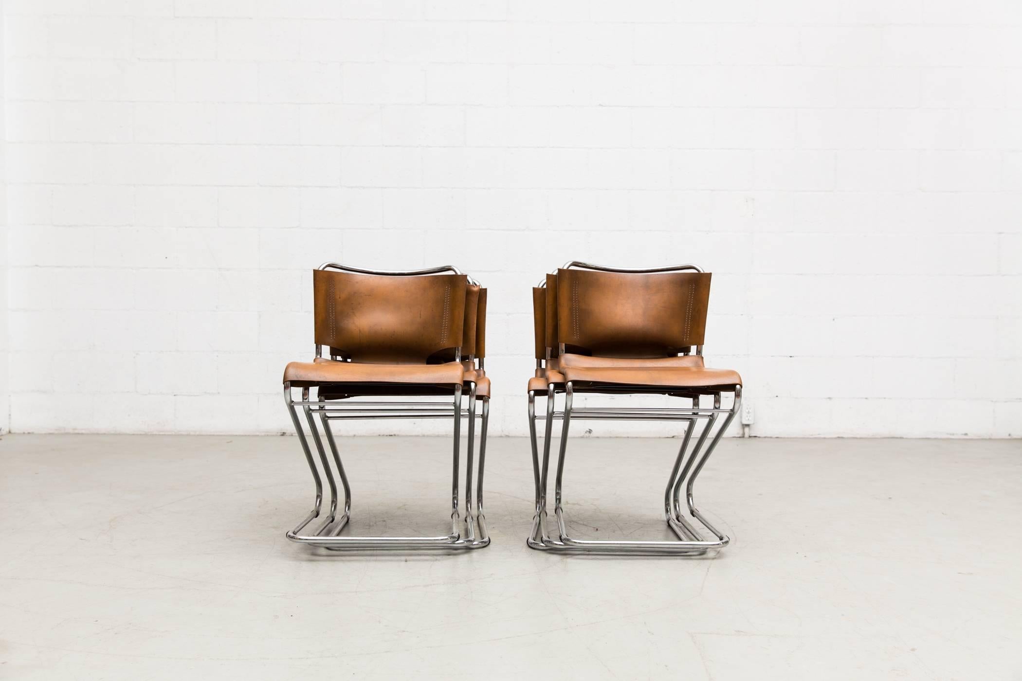 Zig zag shaped chrome tubular framed marcel Breuer style chairs with original natural leather seating. In original condition with amazing patina. Set price.