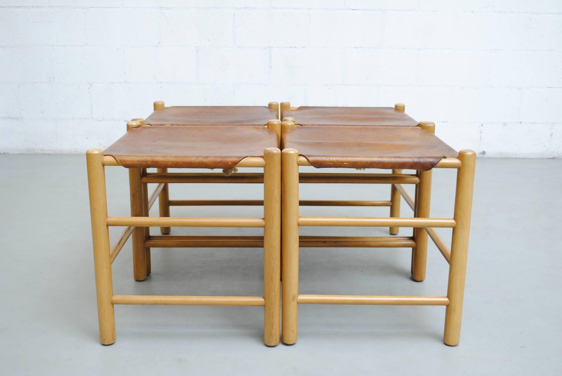 Dutch Set of Four Perriand Style Leather Stools
