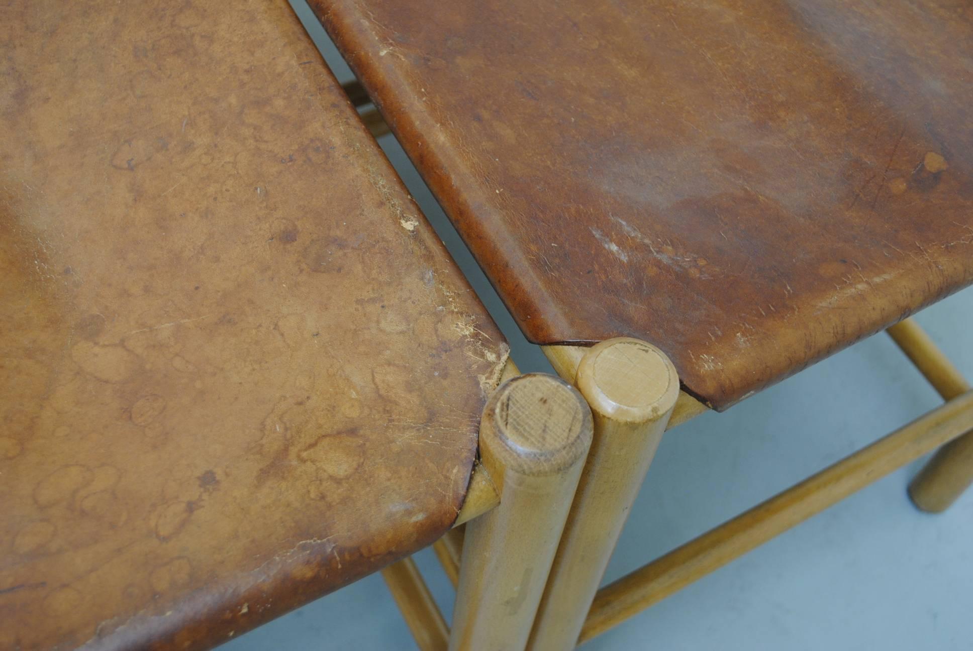 Mid-20th Century Set of Four Perriand Style Leather Stools
