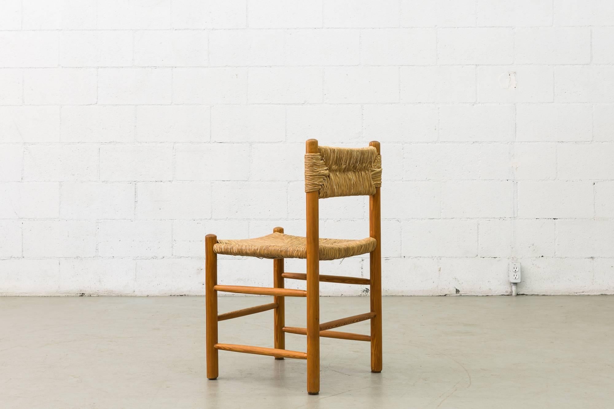 Mid-20th Century Set of Four Perriand Style Pine and Rush Chairs