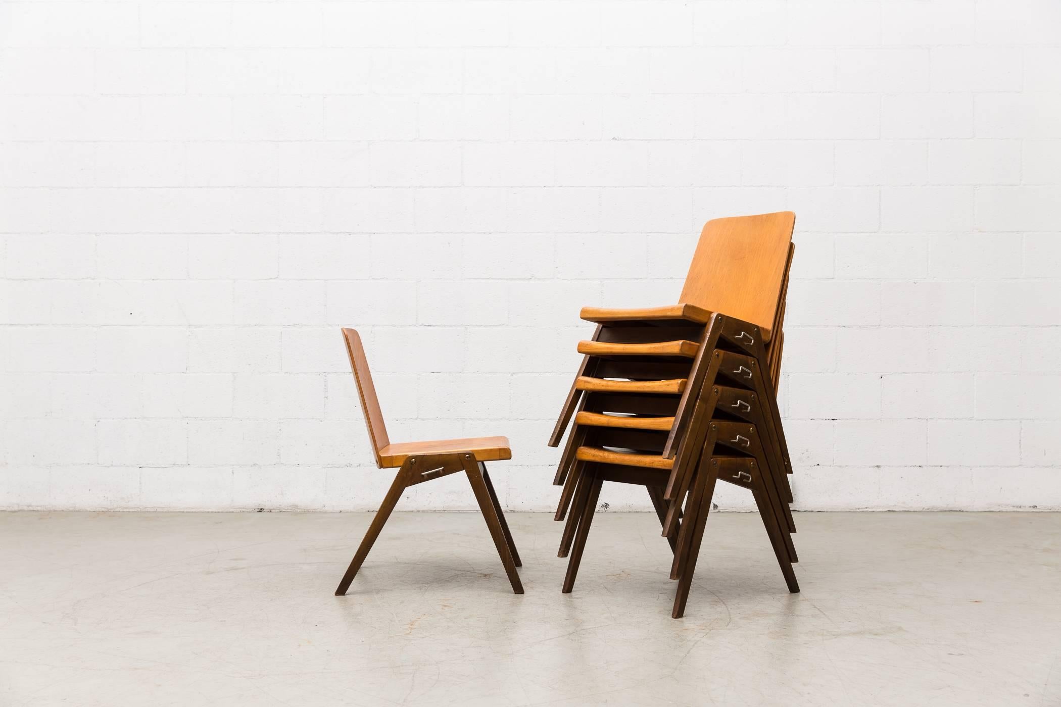 Stacking Roland Rainer Style Two-Toned Stacking School Chairs In Good Condition In Los Angeles, CA
