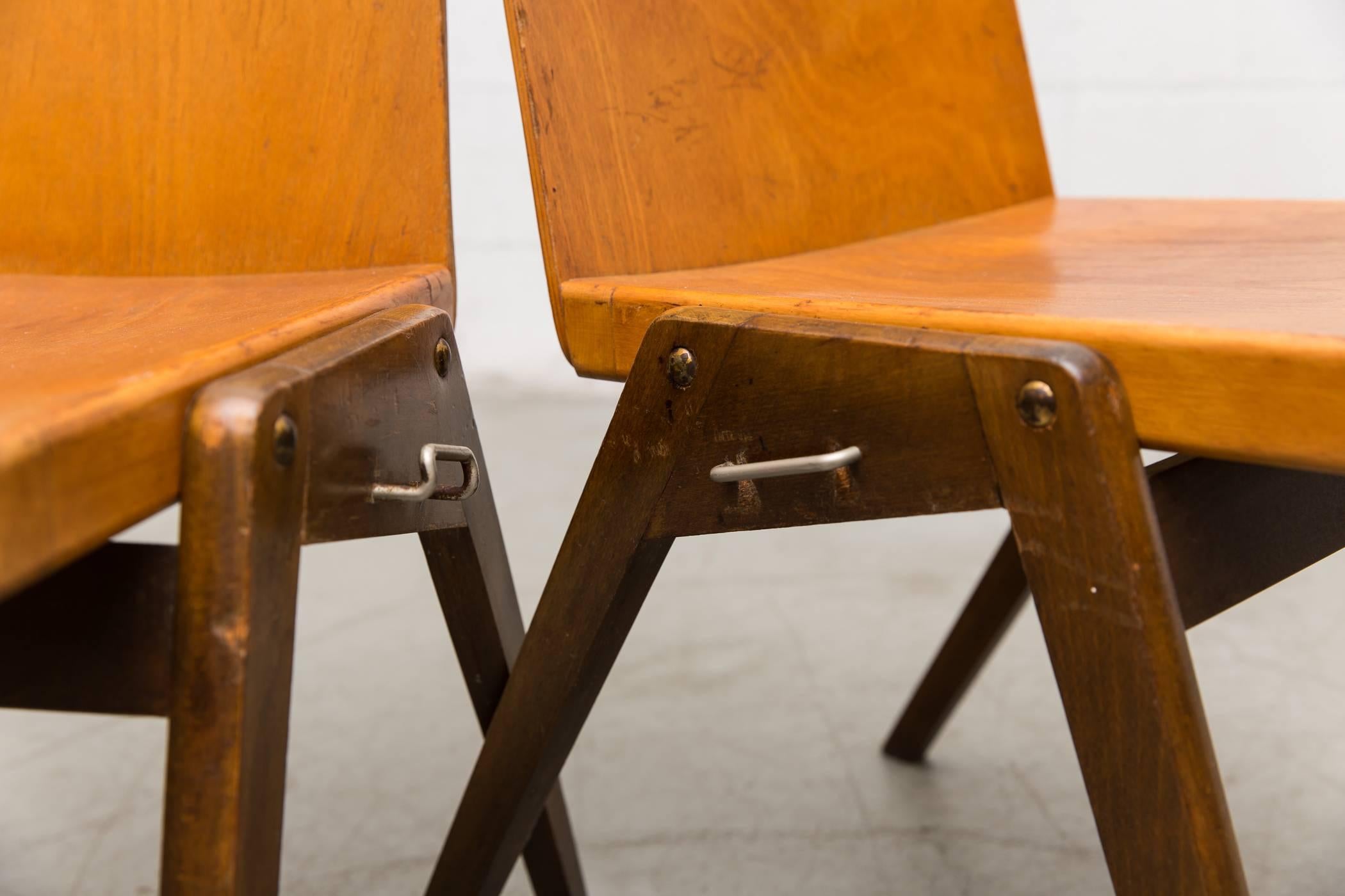 Mid-20th Century Stacking Roland Rainer Style Two-Toned Stacking School Chairs