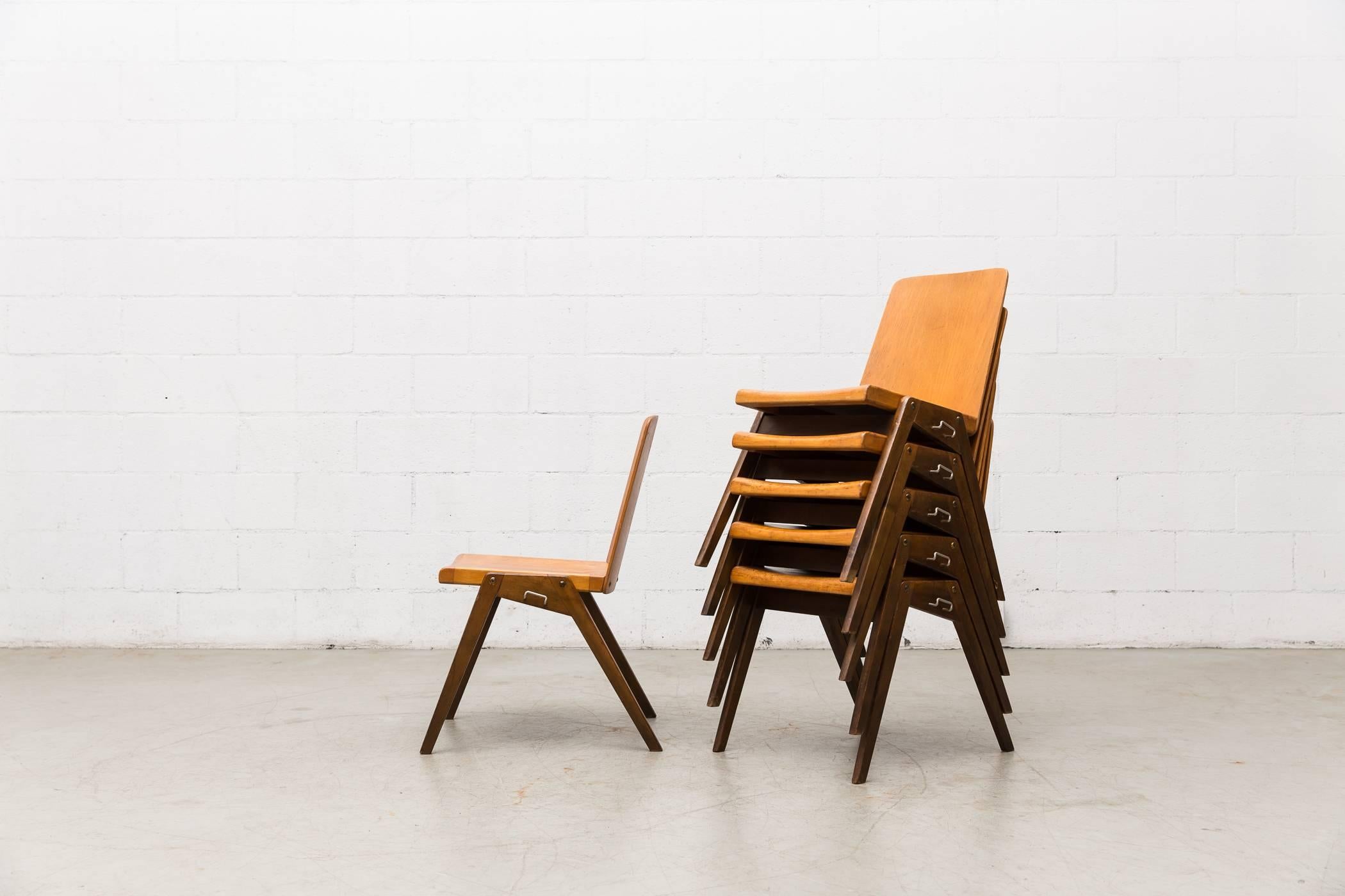 Mid-Century Modern Stacking Roland Rainer Style Two-Toned Stacking School Chairs