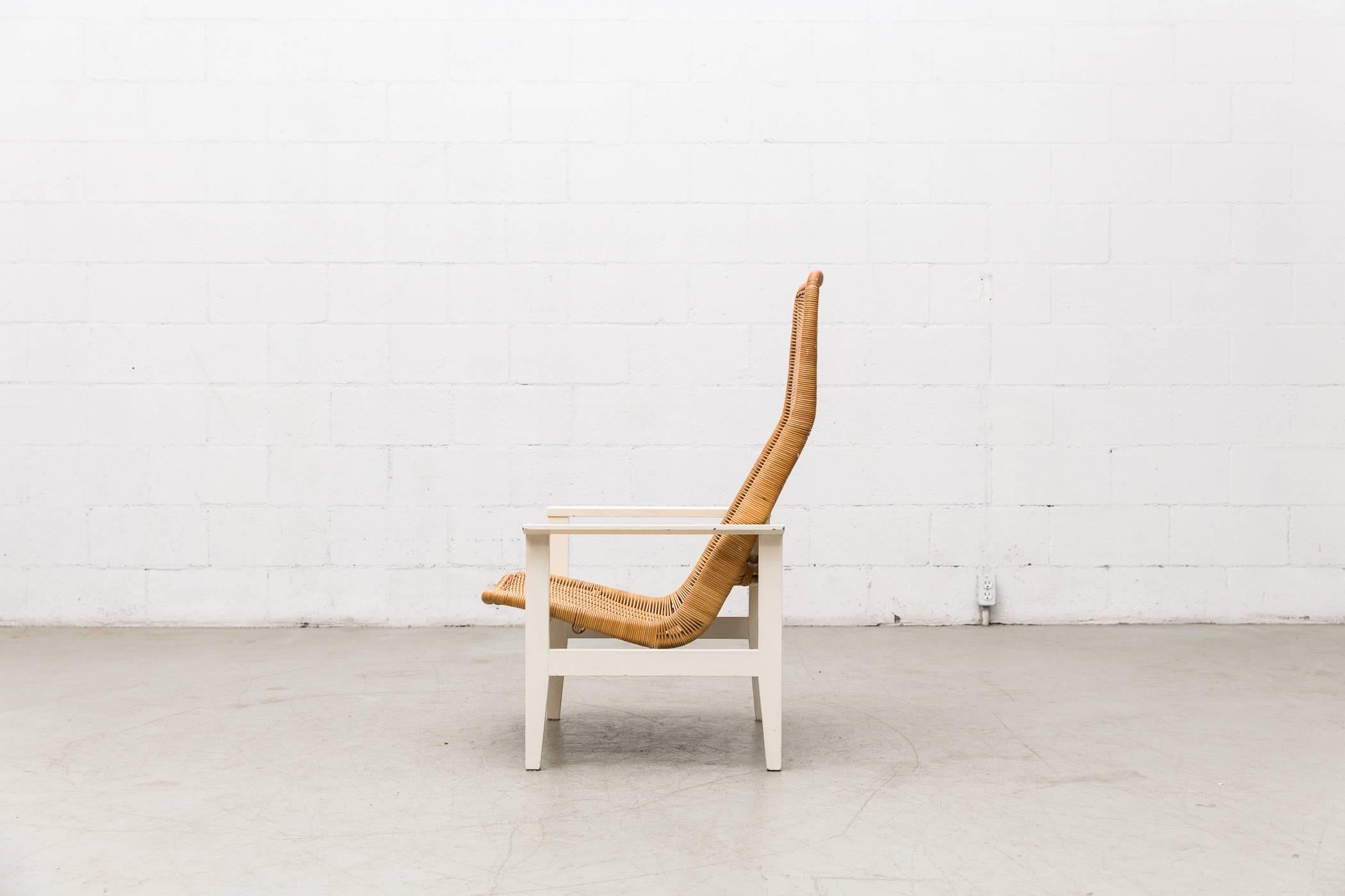Mid-Century Modern Dirk Van Sliedregt High Back Rattan Lounge Chair with White Frame